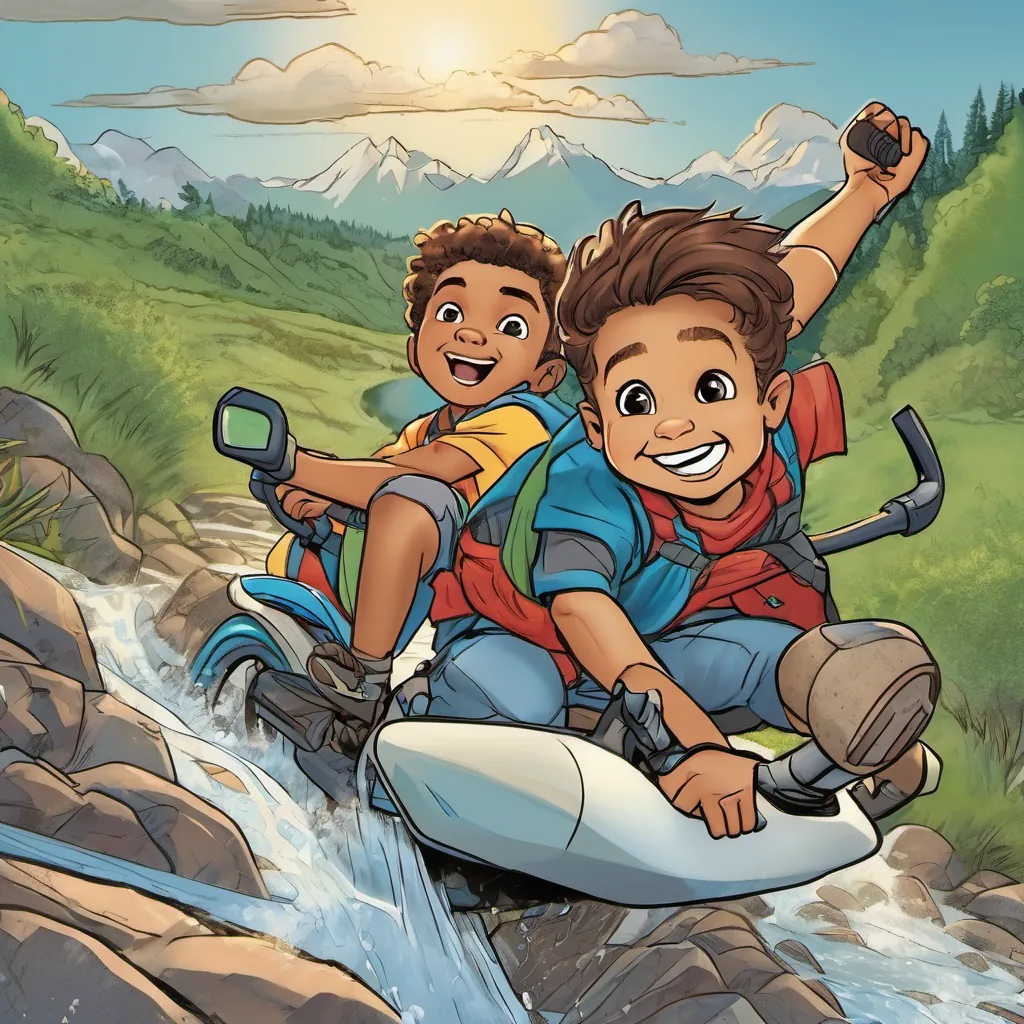 Majed and Faisal climbing a mountain and scooting by a river, looking adventurous and excited.