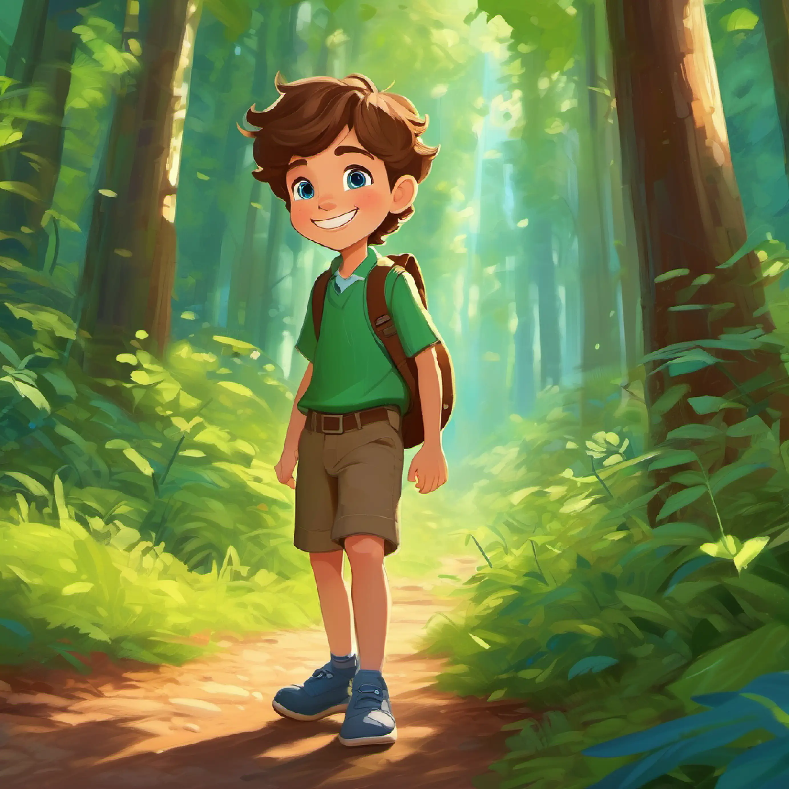 Introduction to 7-year-old boy, big smile, kind heart, brown hair, blue eyes, a young boy in a green forest.