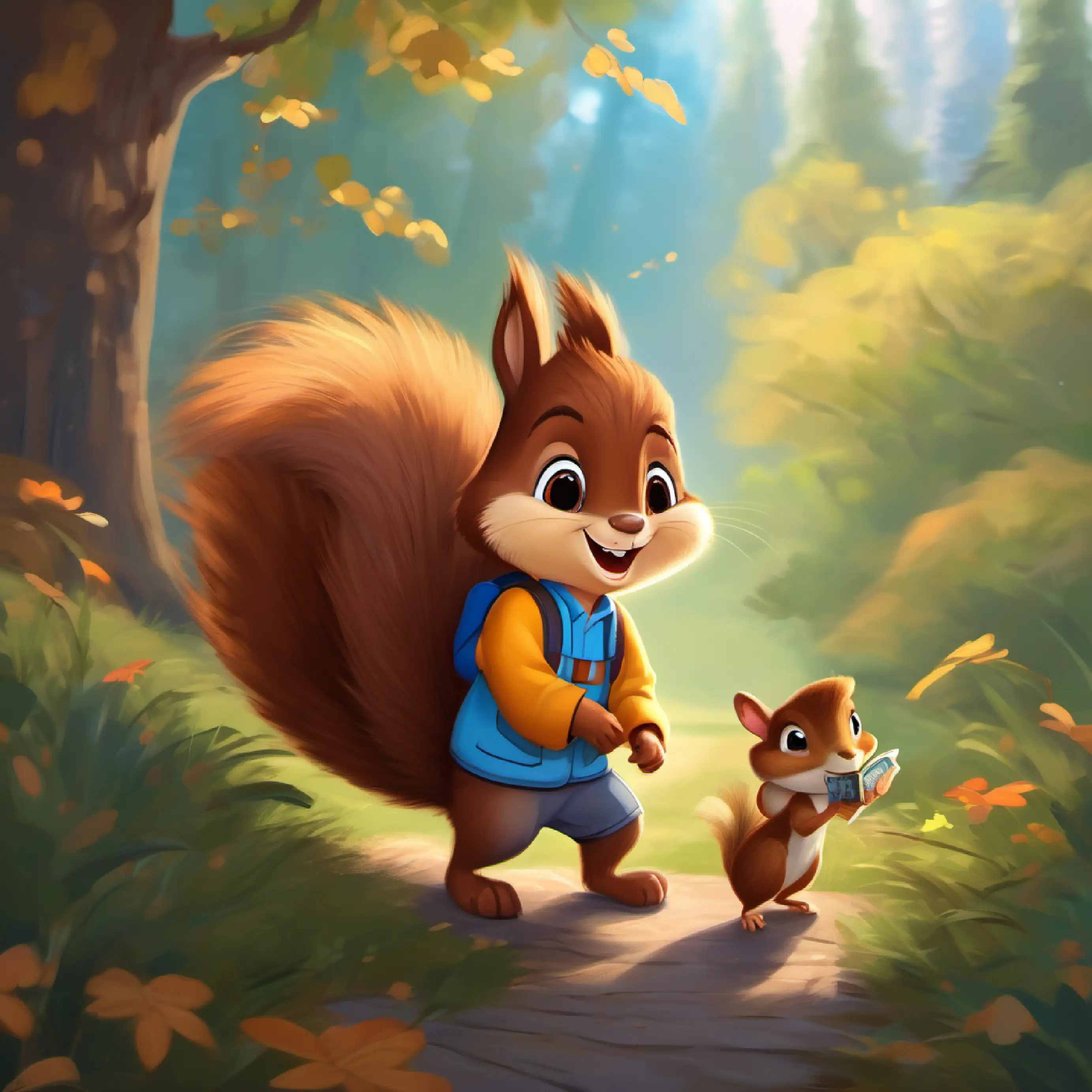 7-year-old boy, big smile, kind heart, brown hair, blue eyes meets Chatty squirrel, bushy tail, quick movements, brown fur, a friendly squirrel.