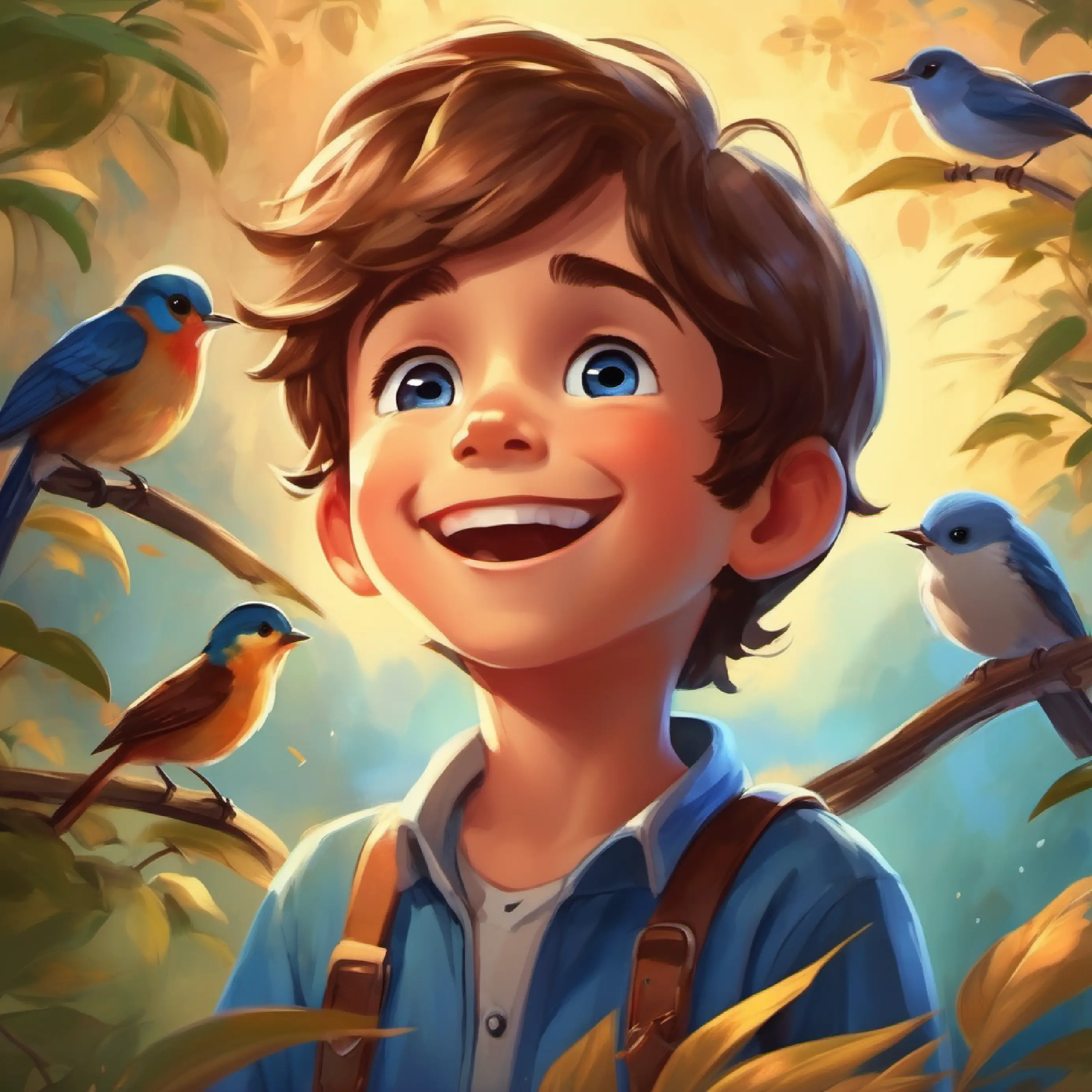 7-year-old boy, big smile, kind heart, brown hair, blue eyes is invited to a bird singing contest.