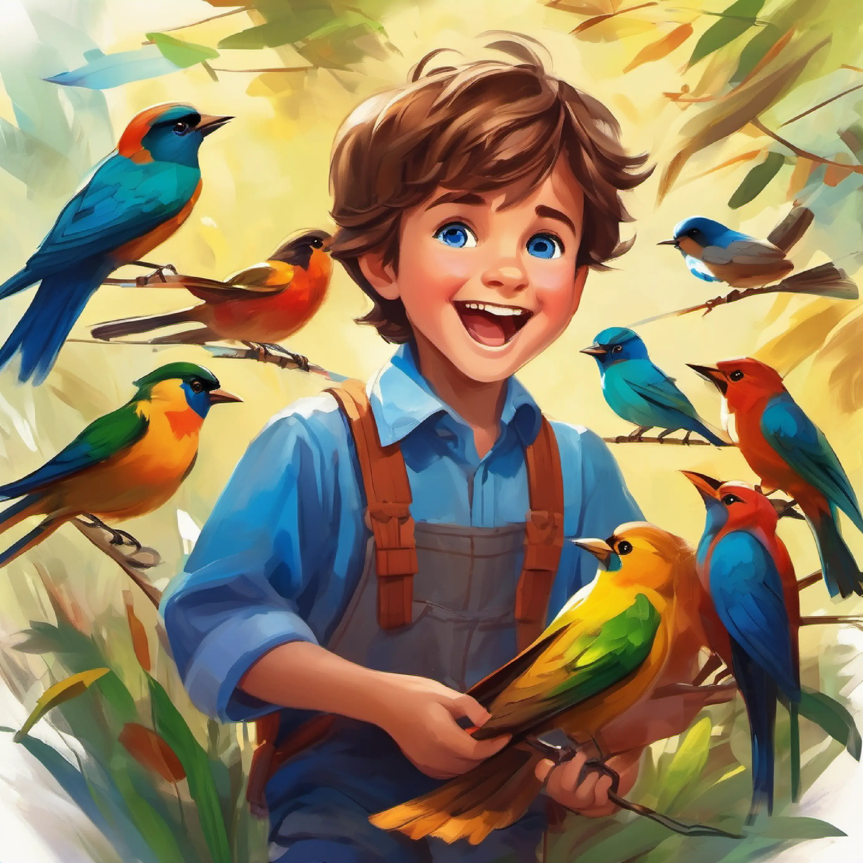 7-year-old boy, big smile, kind heart, brown hair, blue eyes experiences the vibrant bird singing contest.