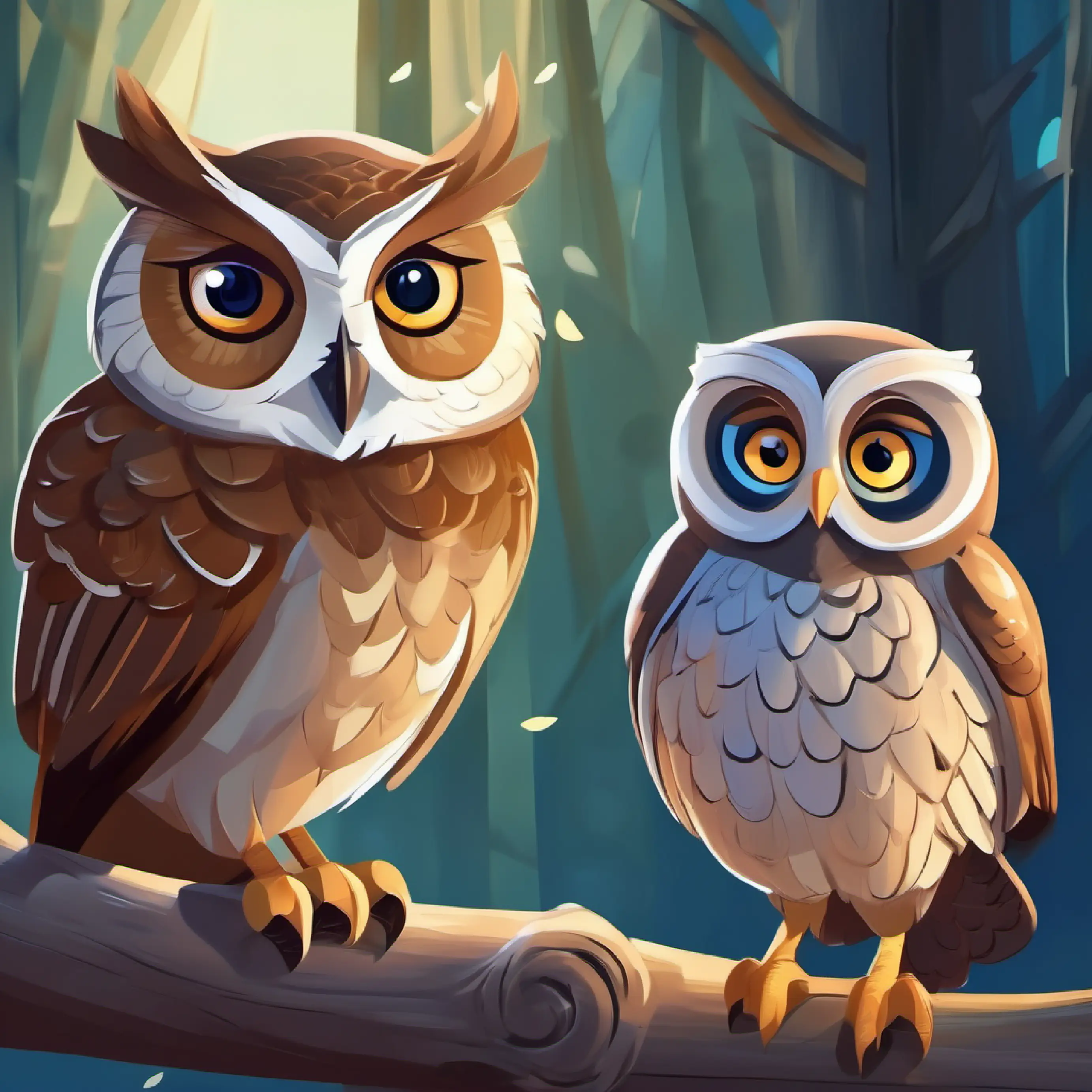 Wise old owl, grey feathers, keen eyes, gentle voice the owl shares wisdom with 7-year-old boy, big smile, kind heart, brown hair, blue eyes.