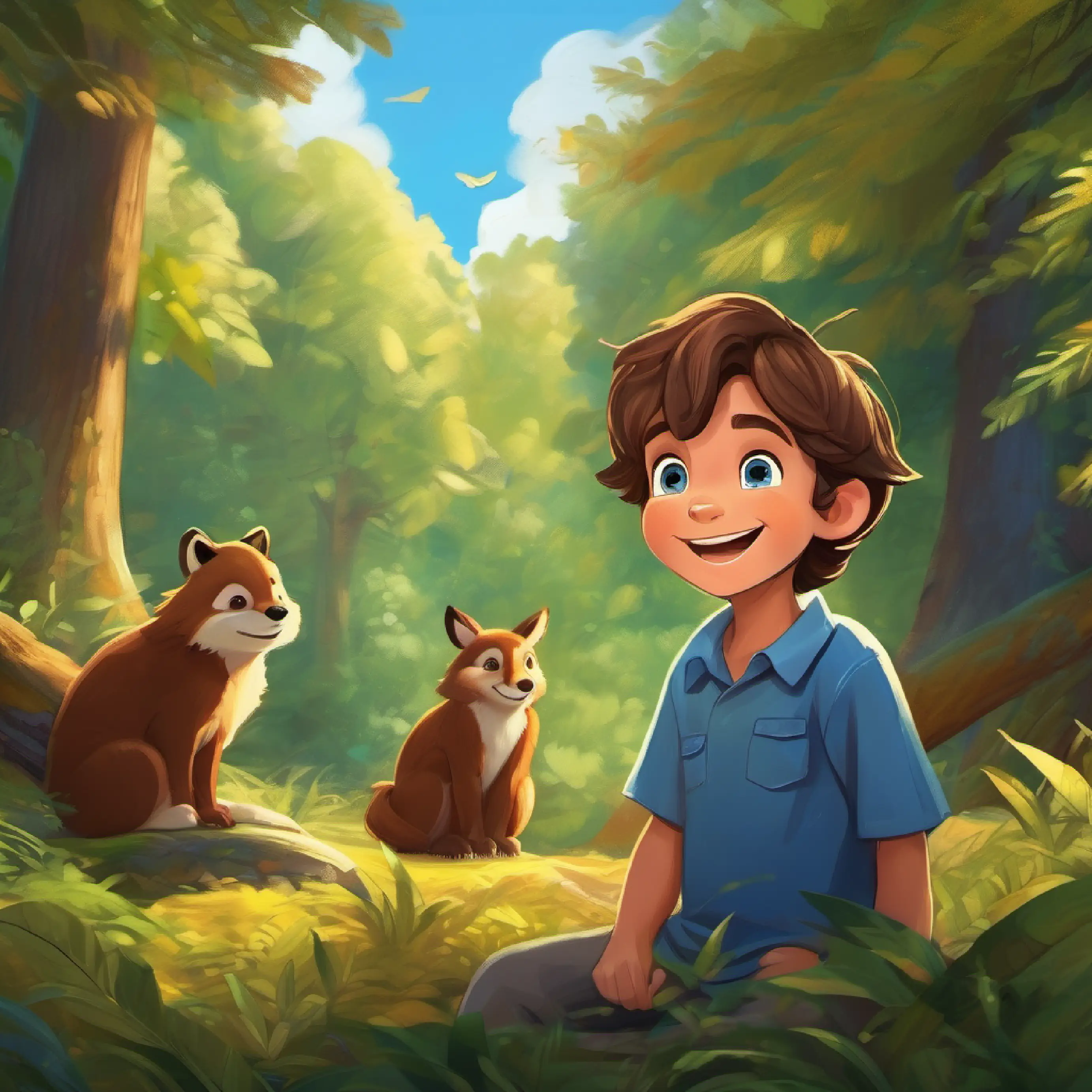 7-year-old boy, big smile, kind heart, brown hair, blue eyes hears stories from the animals of the forest.