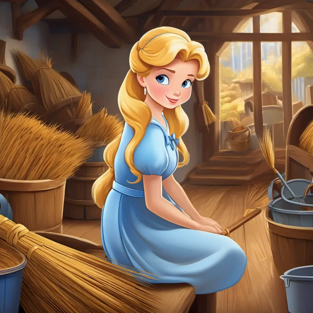 Cinderella has golden hair, blue eyes, and a kind smile looking sad and surrounded by brooms and buckets.