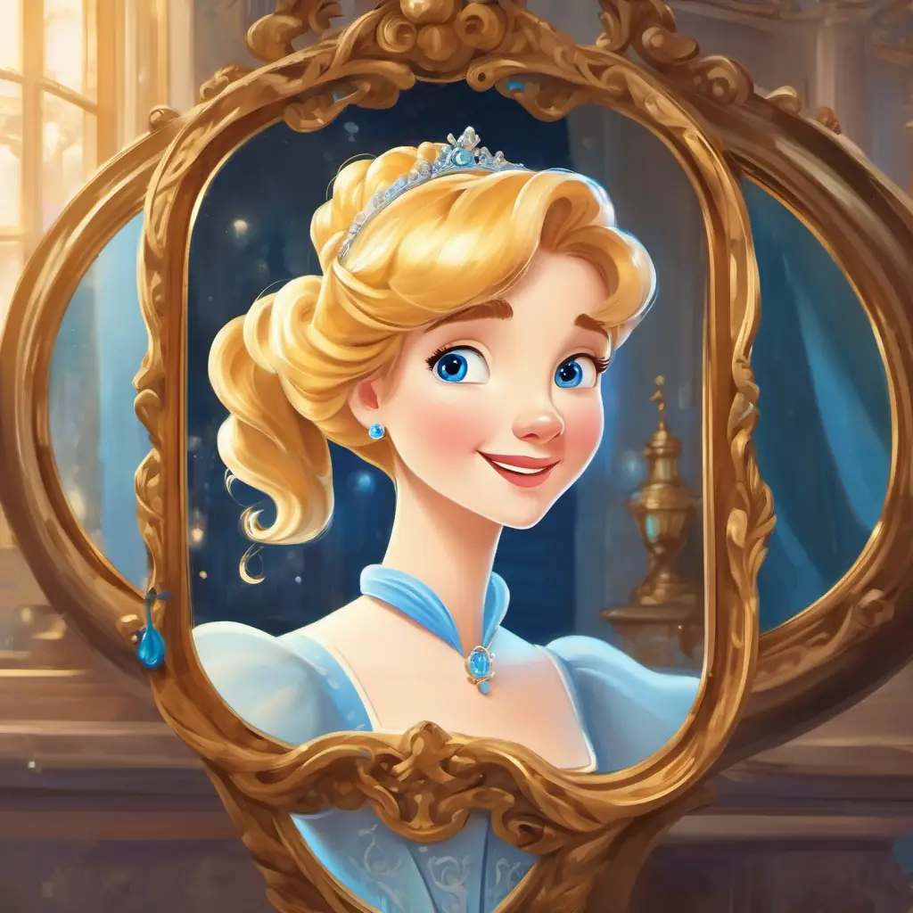 Cinderella has golden hair, blue eyes, and a kind smile holding a dusty old mirror with a surprised expression.
