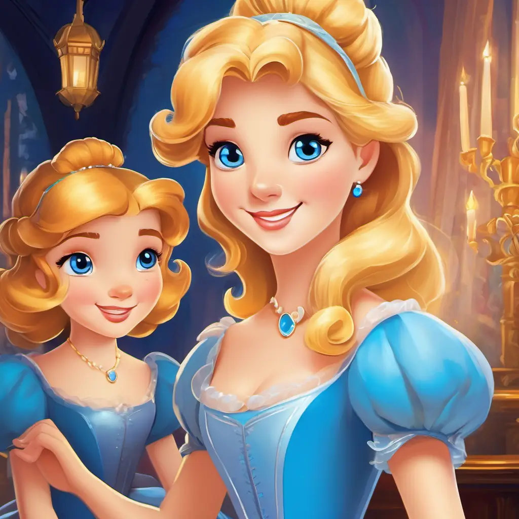 Cinderella has golden hair, blue eyes, and a kind smile looking hopeful, but the stepsisters looking mean.
