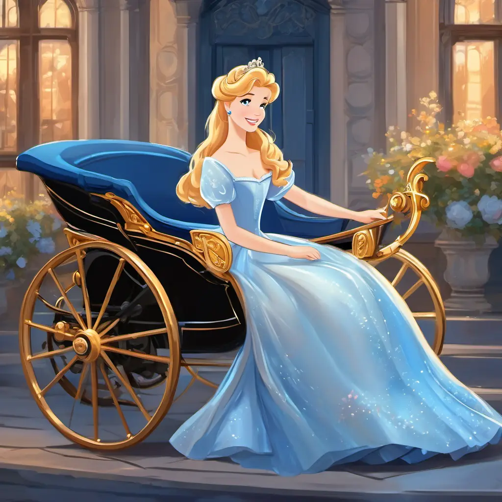 Cinderella has golden hair, blue eyes, and a kind smile in a beautiful gown, riding in a shiny carriage.