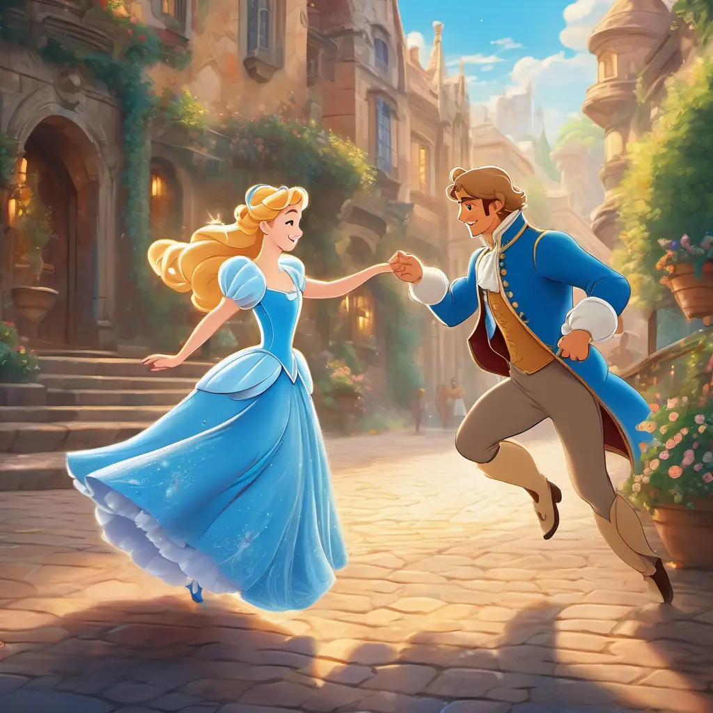 Cinderella has golden hair, blue eyes, and a kind smile dancing with the The Prince has brown hair, brown eyes, and a charming smile, but then running away.