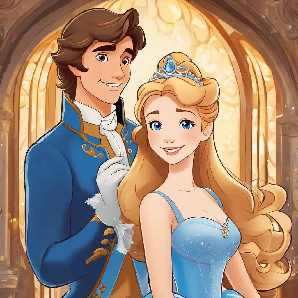 Cinderella has golden hair, blue eyes, and a kind smile wearing the glass slipper and smiling with the The Prince has brown hair, brown eyes, and a charming smile.