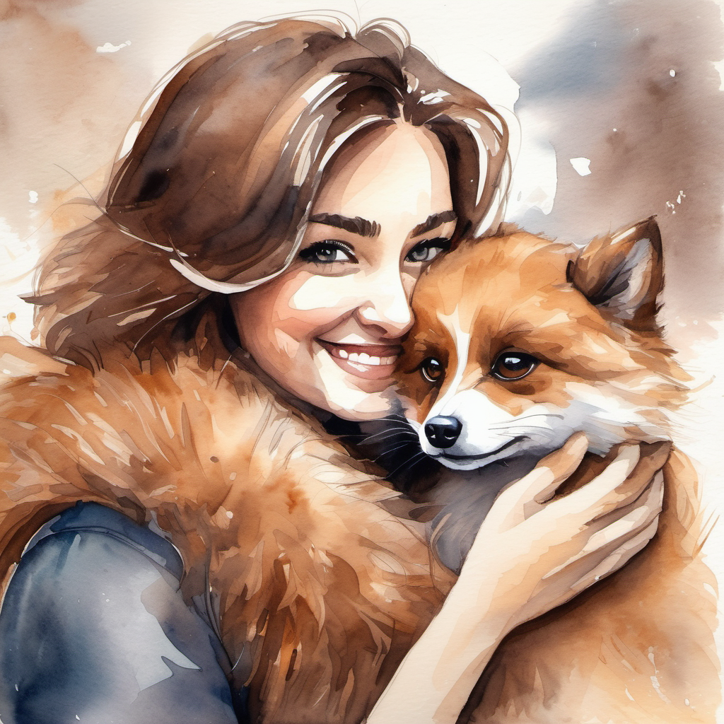 Picture of the owner hugging Fluffy brown fur, big shiny eyes tightly, with a big smile on their face