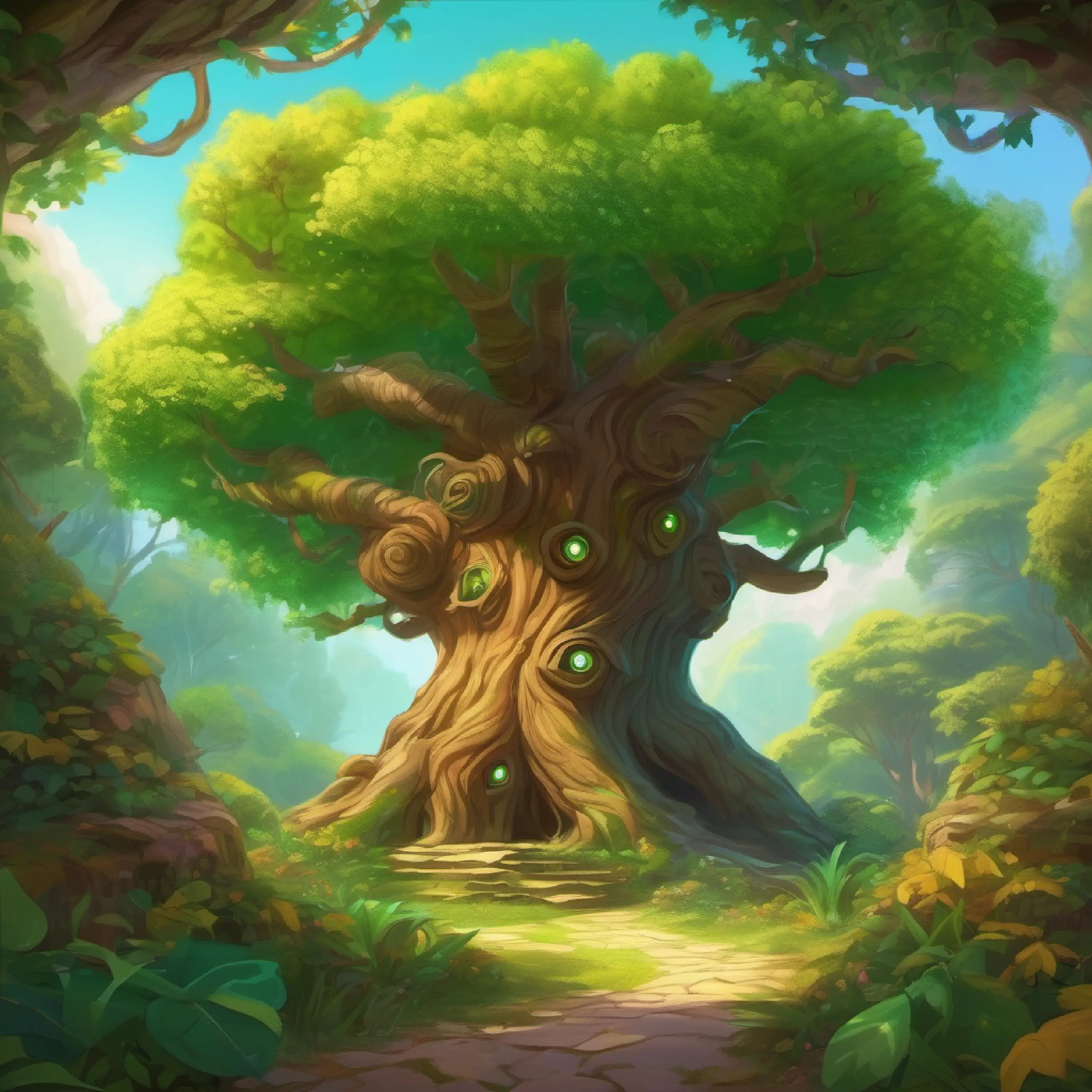 Introduction of Old tree with brown bark, wise eyes, and bright green leaves, the talking tree, in the Enchanted Garden.