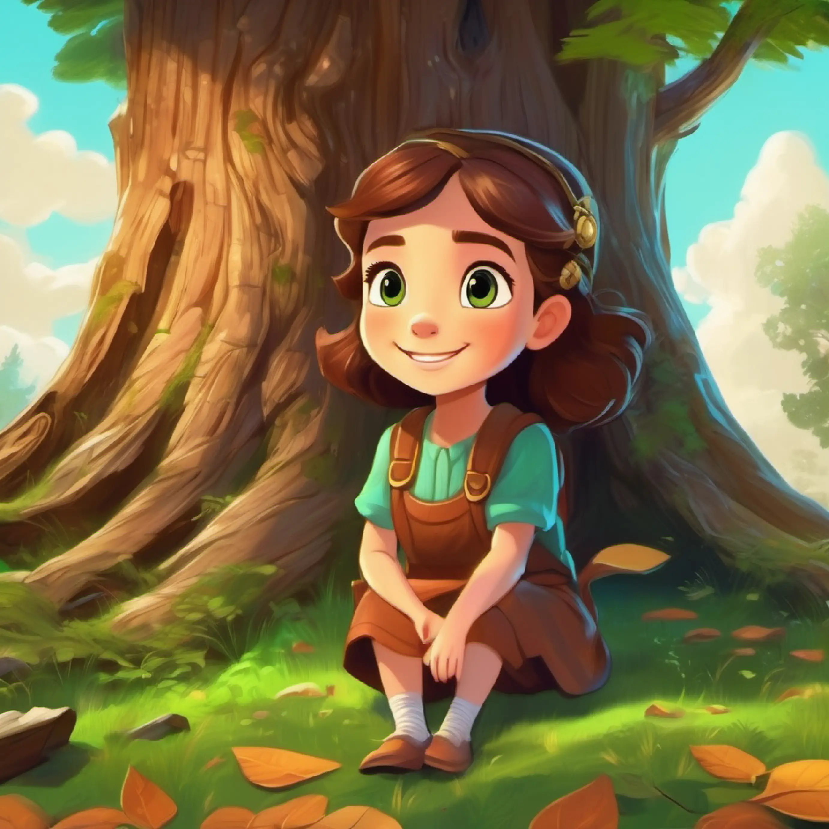 Young girl with curious eyes and a bright smile meets Old tree with brown bark, wise eyes, and bright green leaves and asks for a story about a treasure.
