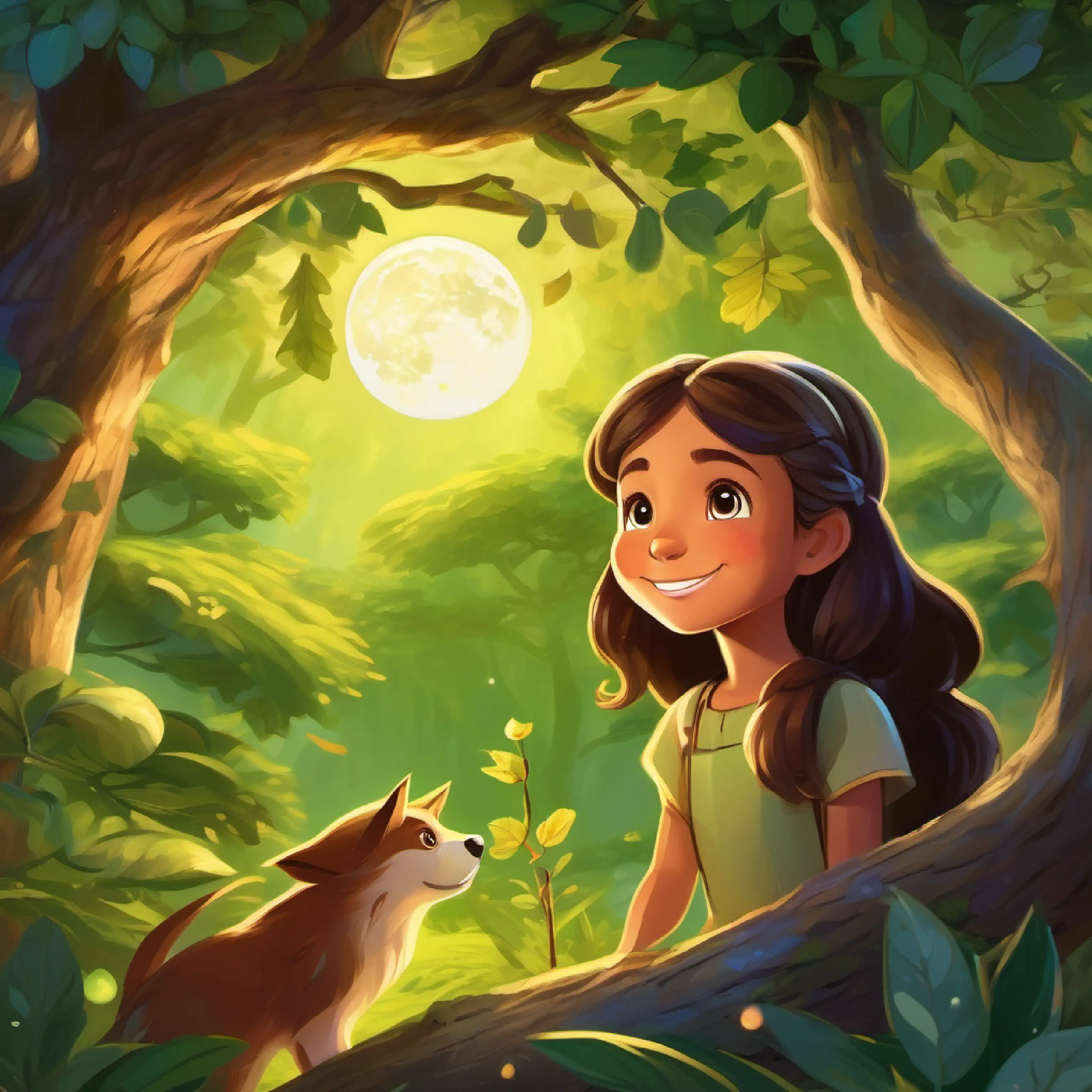 Animals join Young girl with curious eyes and a bright smile; Old tree with brown bark, wise eyes, and bright green leaves tells of a moonlit treasure.