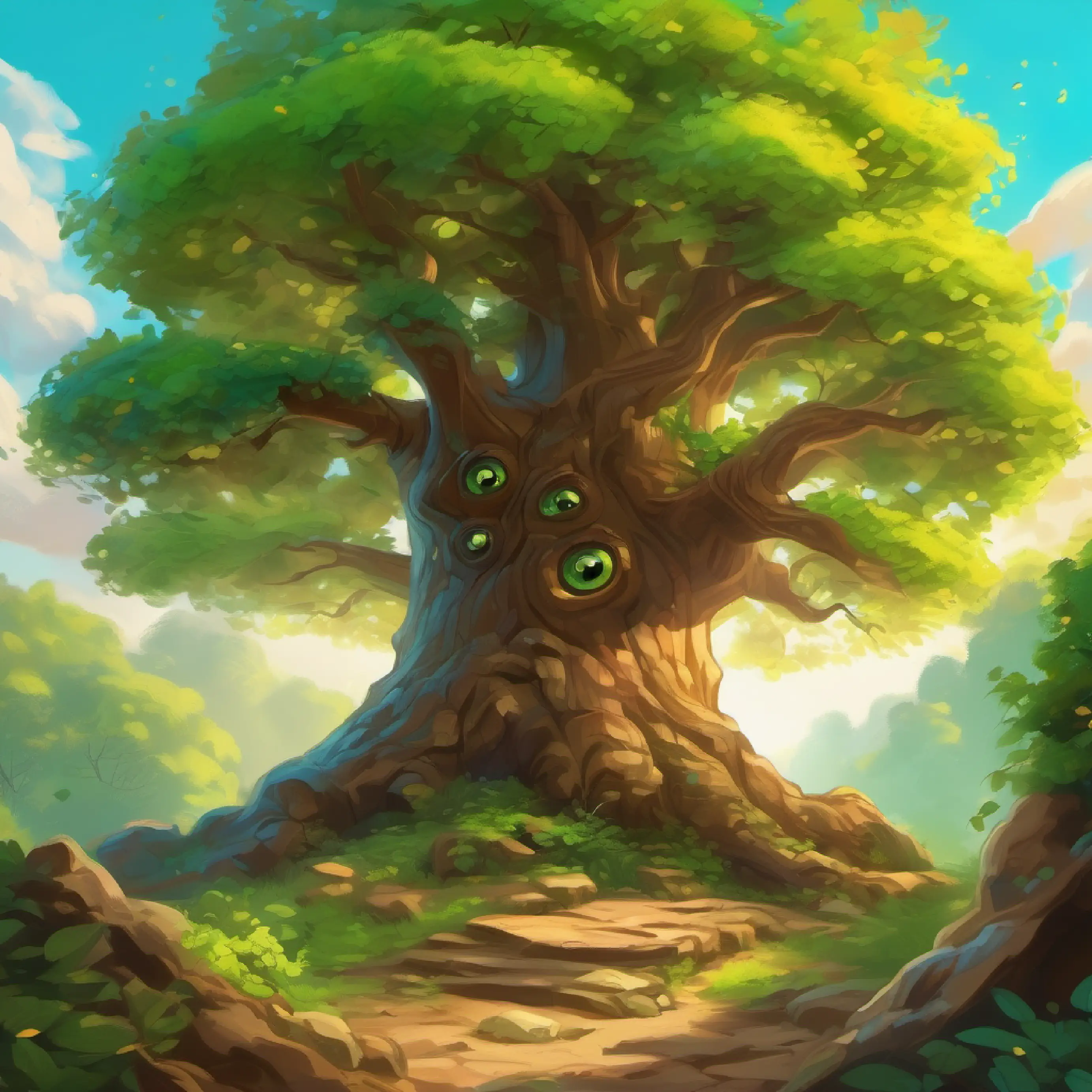 Old tree with brown bark, wise eyes, and bright green leaves gives clues to find the precious treasure.