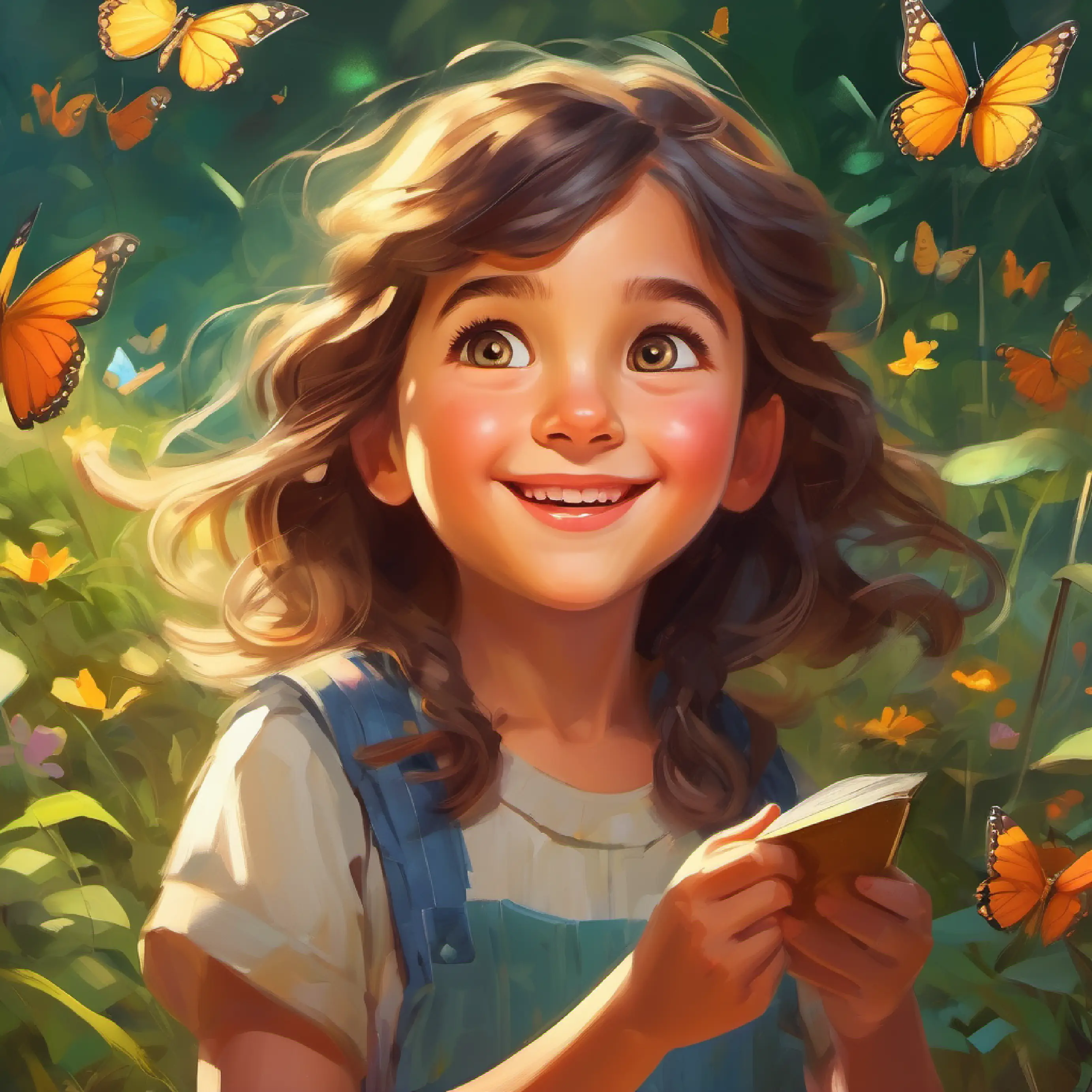 Young girl with curious eyes and a bright smile begins her treasure hunt, following wind and butterflies.