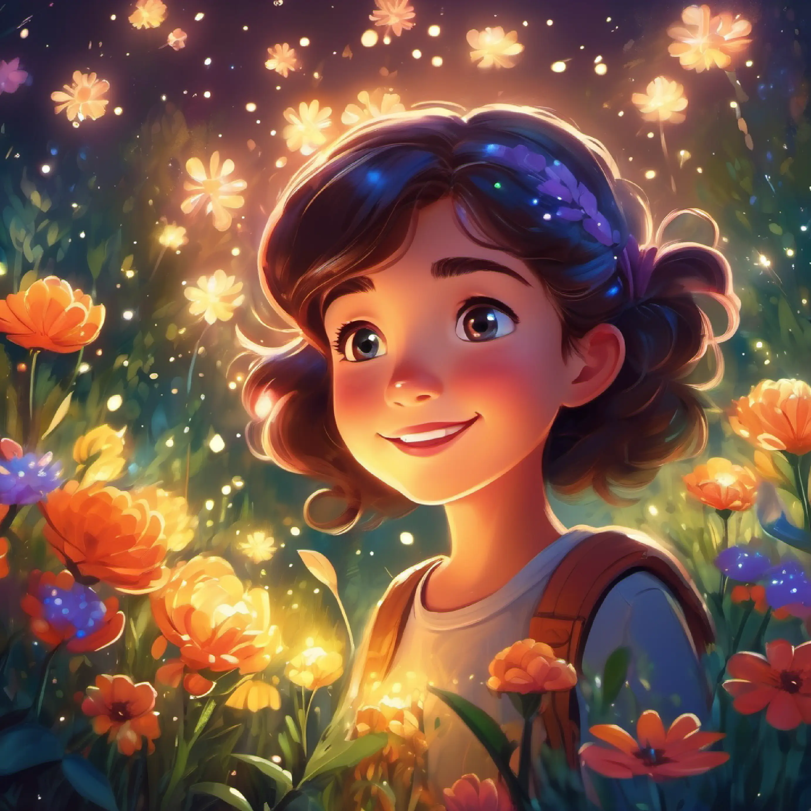 Young girl with curious eyes and a bright smile discovers a starlit clearing with glowing flowers.