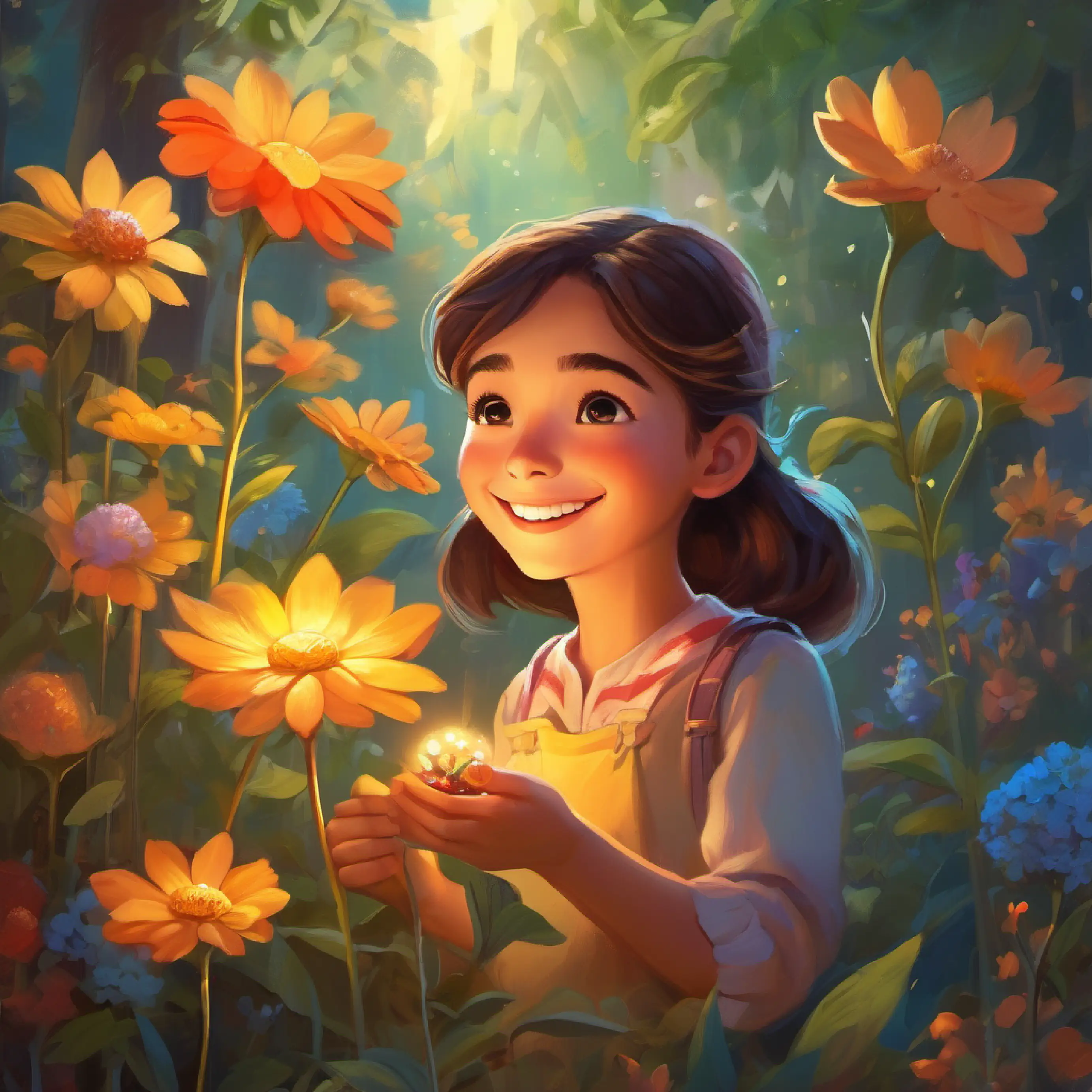 Young girl with curious eyes and a bright smile finds the Dreamflowers treasure and promises to keep the secret.
