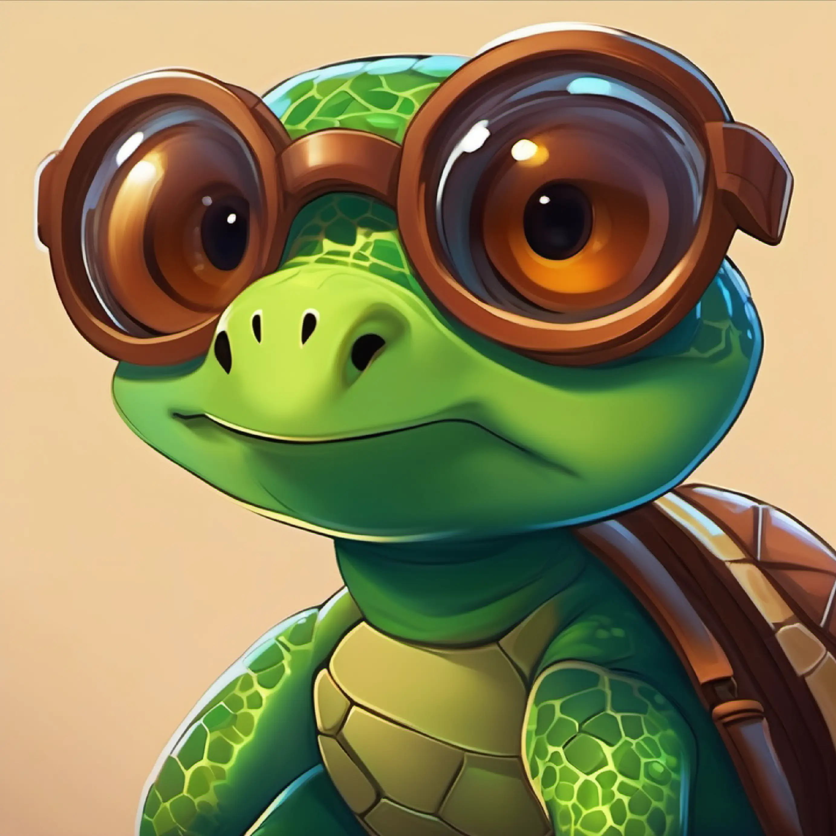 Reddish-brown fur, bright green eyes, small and quick meets Dark green shell, kind brown eyes, wears round glasses the turtle, who joins the quest.