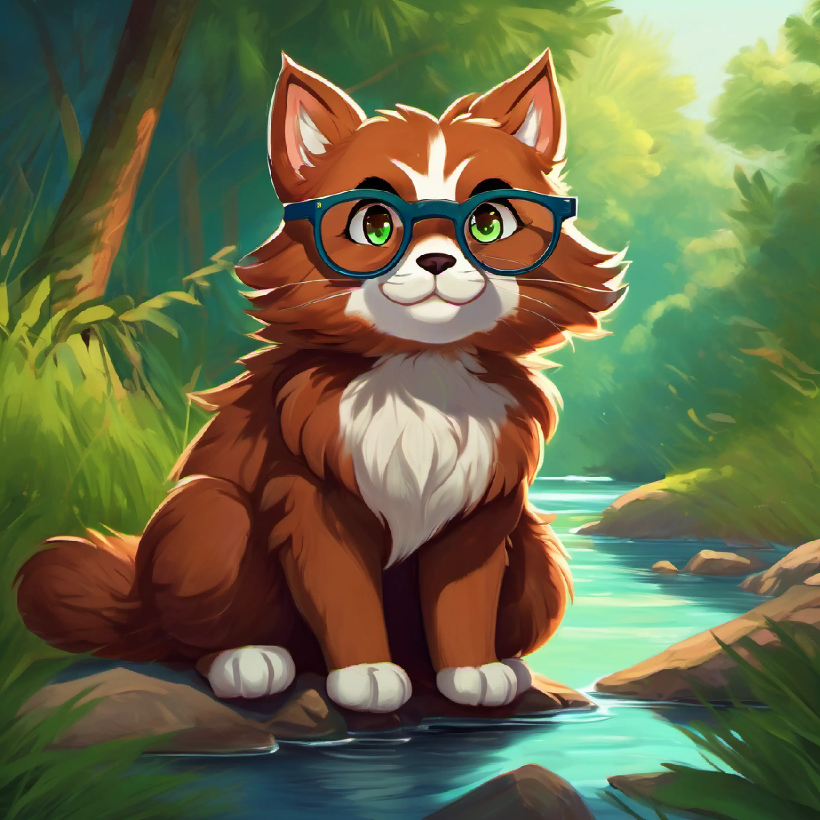 Reddish-brown fur, bright green eyes, small and quick and Dark green shell, kind brown eyes, wears round glasses meet Brown fur, sharp teeth, blue eyes, always smiling, who helps them cross a river.