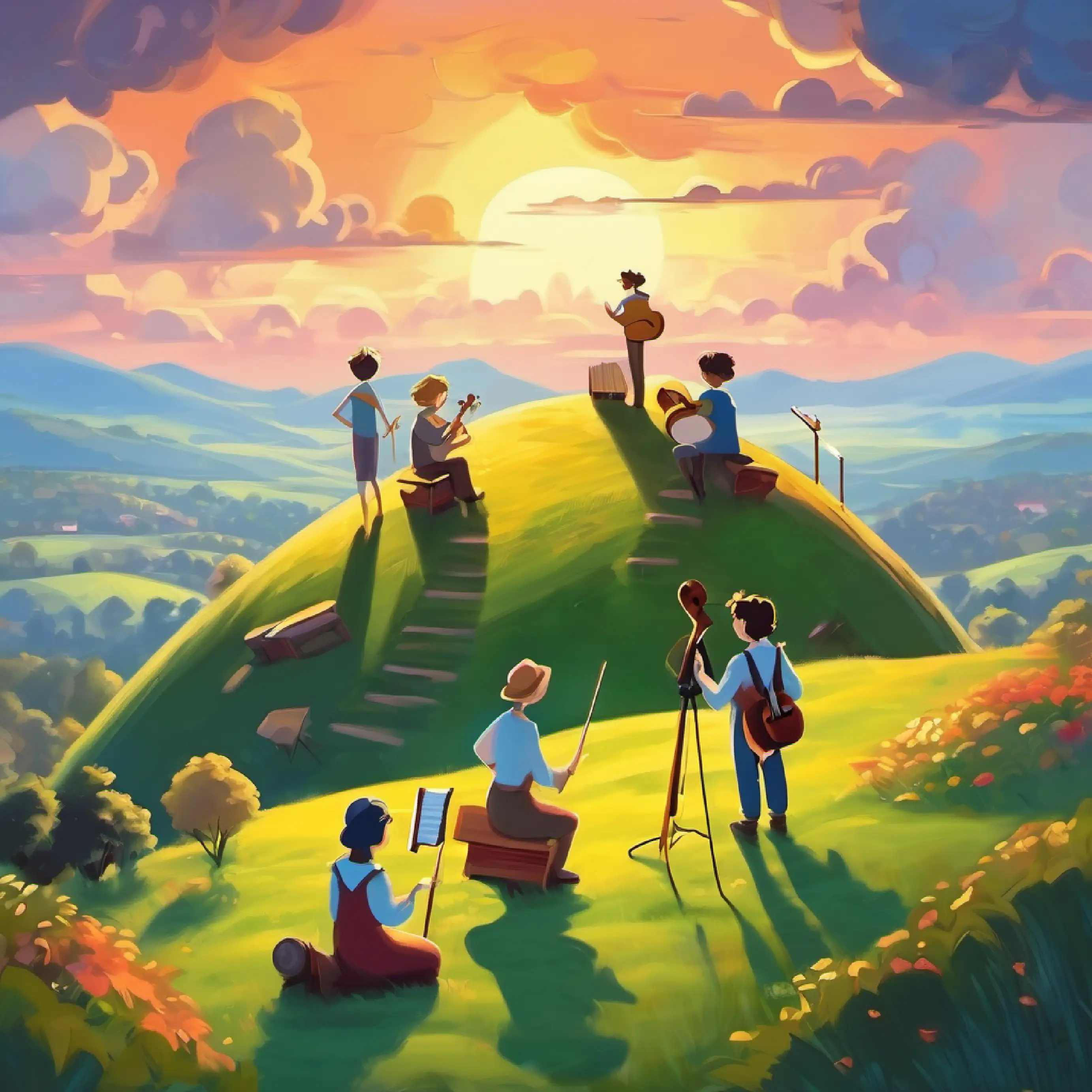 The friends solve a musical puzzle on a hill.