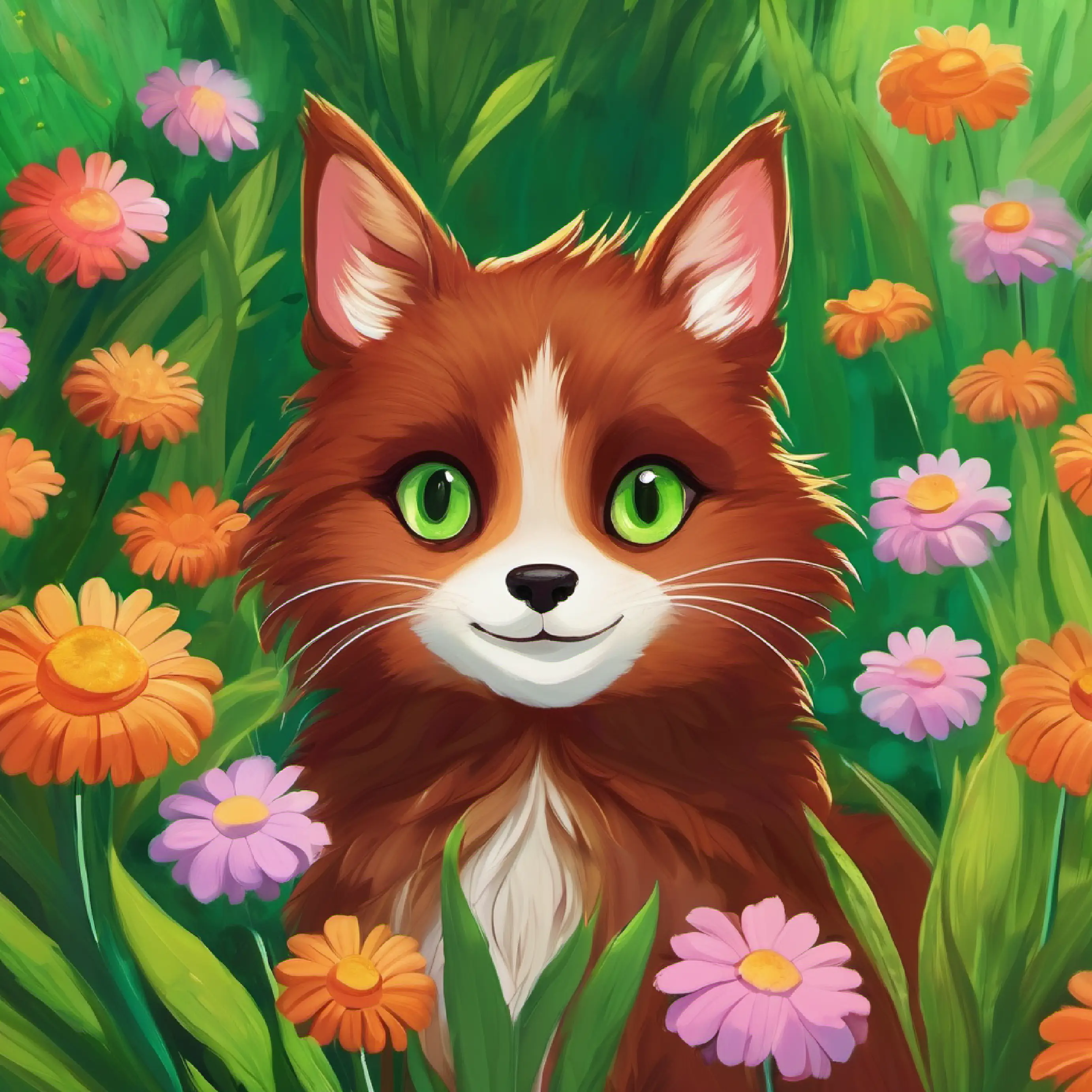 Reddish-brown fur, bright green eyes, small and quick's group makes flowers laugh to progress.