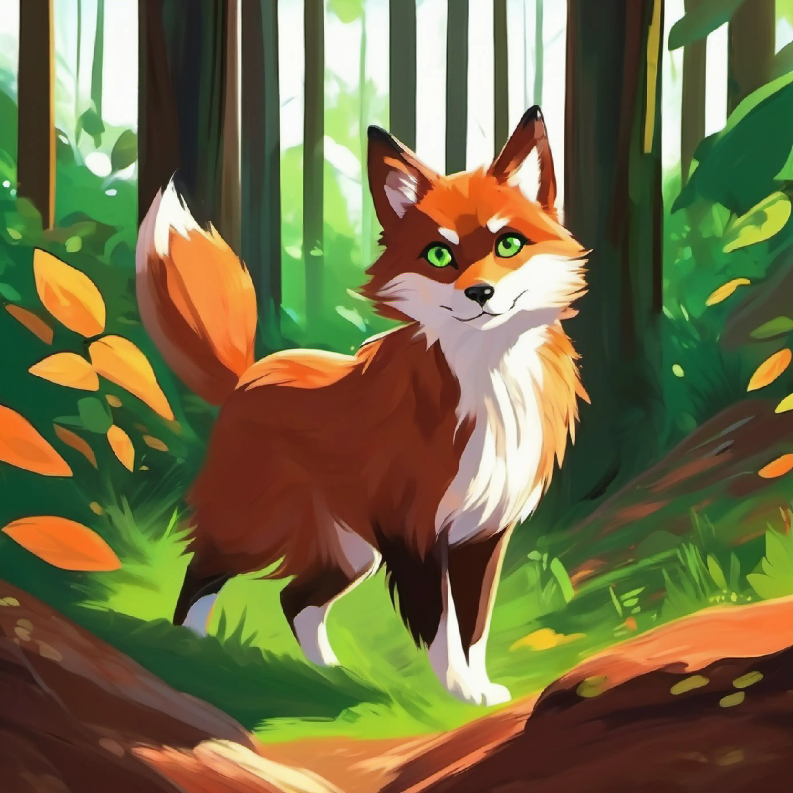 Reddish-brown fur, bright green eyes, small and quick brings daylight back, celebration in the forest.