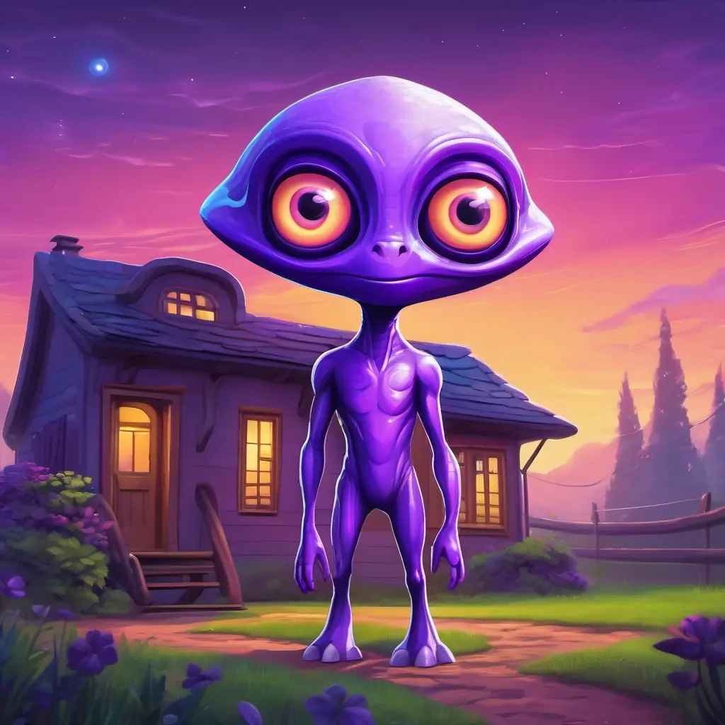 A picture of Purple skin, big, shiny eyes, happy and friendly alien the alien with purple skin and big, shiny eyes, standing in front of a small house