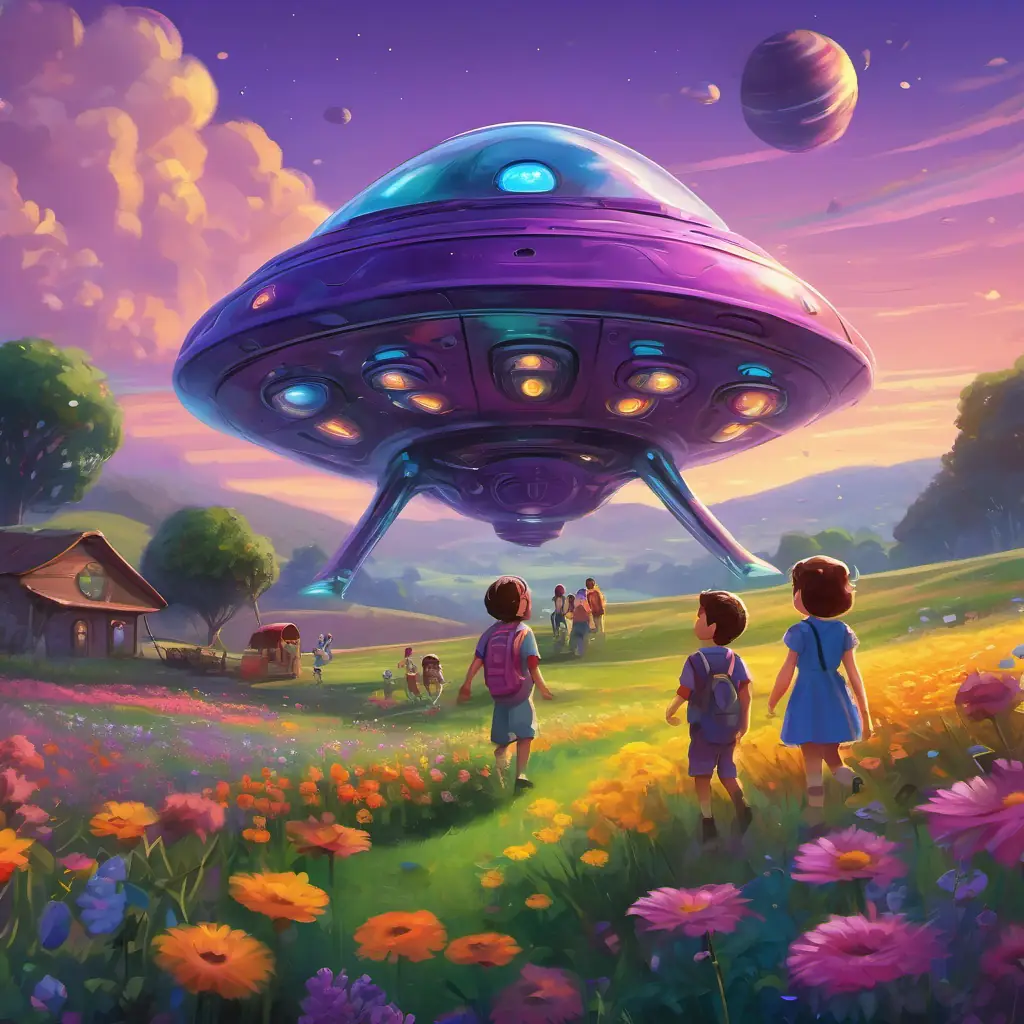 A picture of Purple skin, big, shiny eyes, happy and friendly alien's spaceship landing in a field with colorful flowers, and children playing nearby