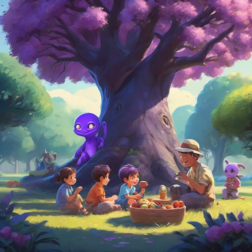 A picture of Purple skin, big, shiny eyes, happy and friendly alien playing with the children and having a picnic with them under a big tree