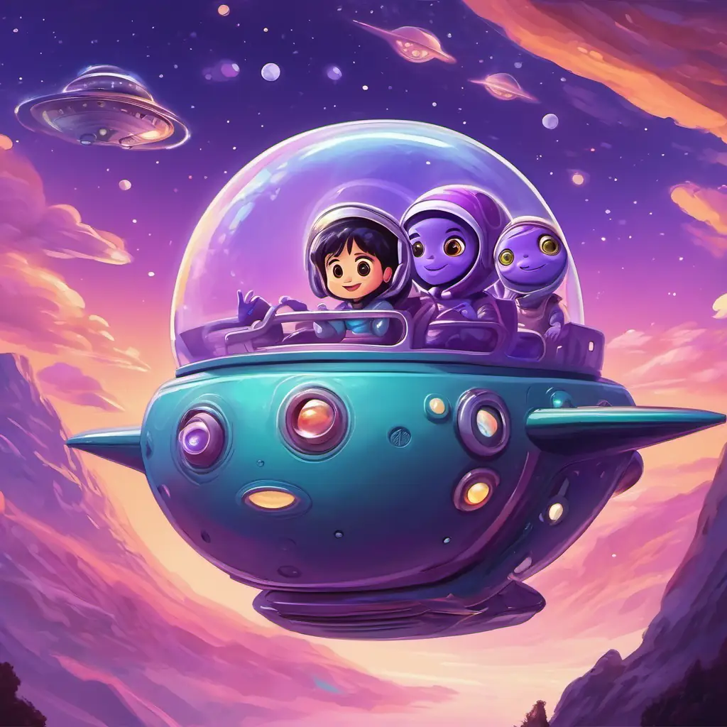 A picture of Purple skin, big, shiny eyes, happy and friendly alien waving goodbye while flying in his spaceship, with the children waving back