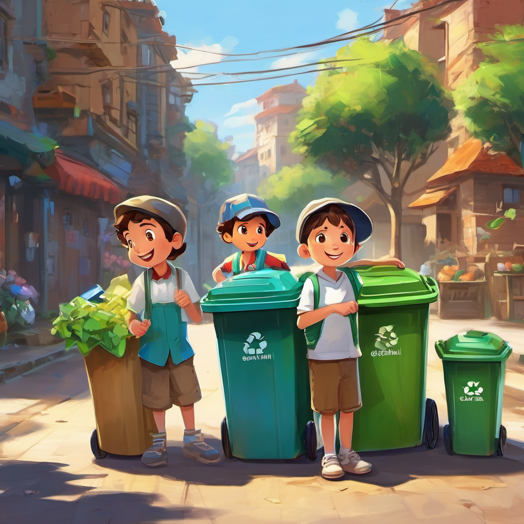From that moment on, children all around the world started to recycle, just like the children in Ecoville. Our three friends learned that serving others and caring for the Earth brought them great happiness. With this important lesson in mind, they returned to their trash bin, thankful for the opportunity to make a difference. And so, every night, Sammy, Polly, and Benny would dream about the day when all the trash bins in the world would be empty because everyone cared enough to recycle. The end.