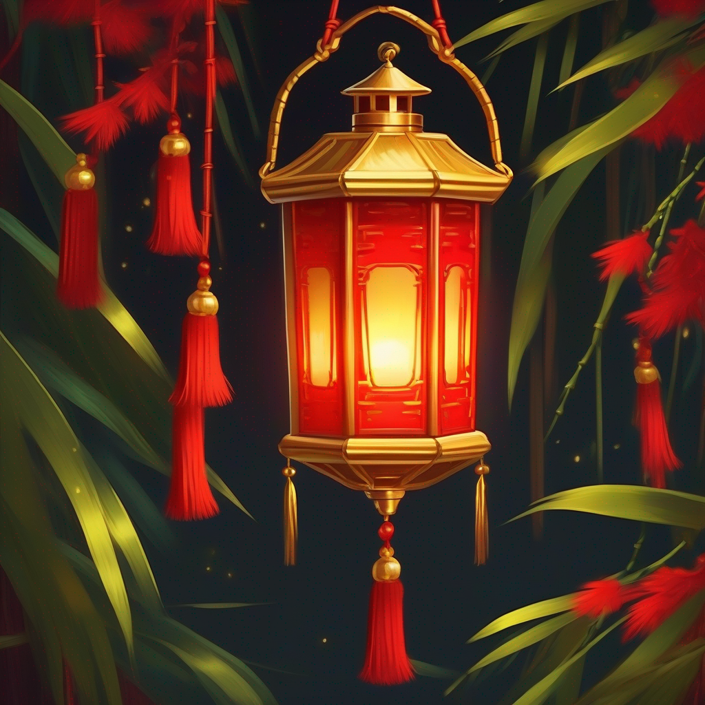 A little red lantern with golden tassels and bamboo frame.