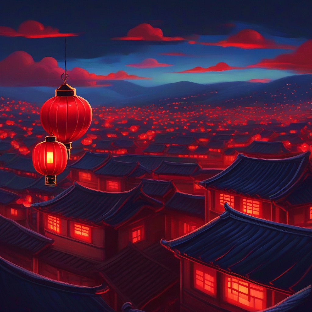 A glowing red lantern flying over rooftops.