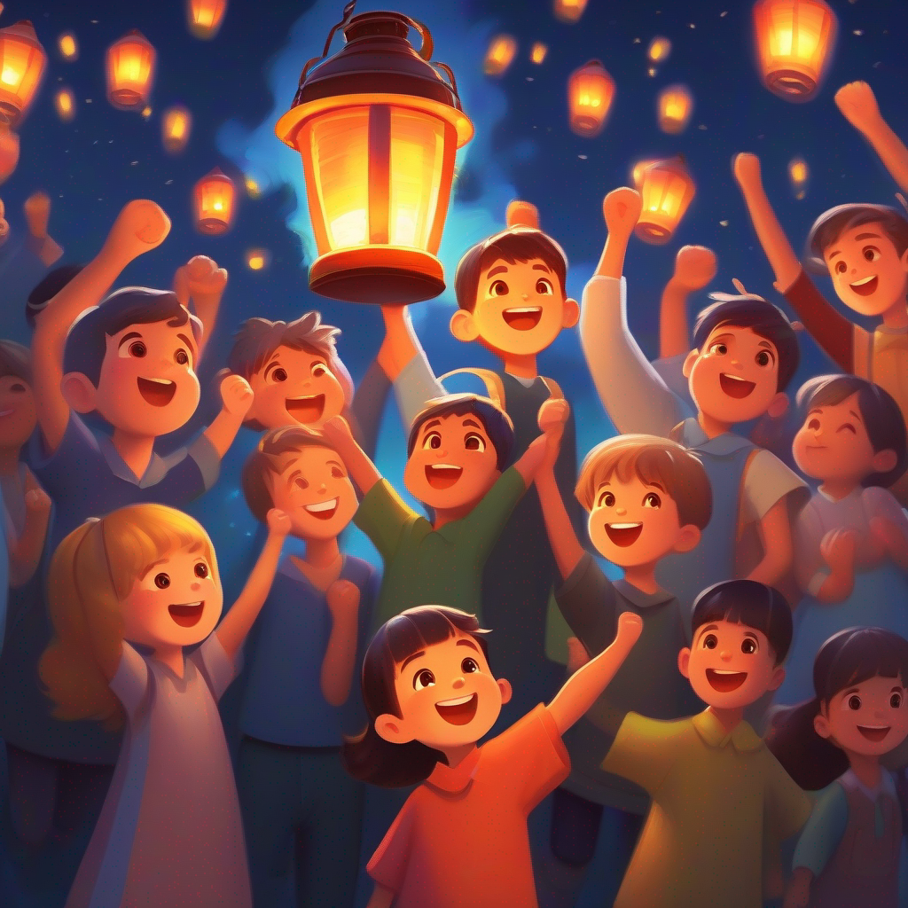Children helping the lantern and cheering.