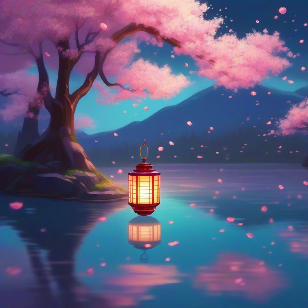 A lantern floating on a serene lake surrounded by cherry blossoms.