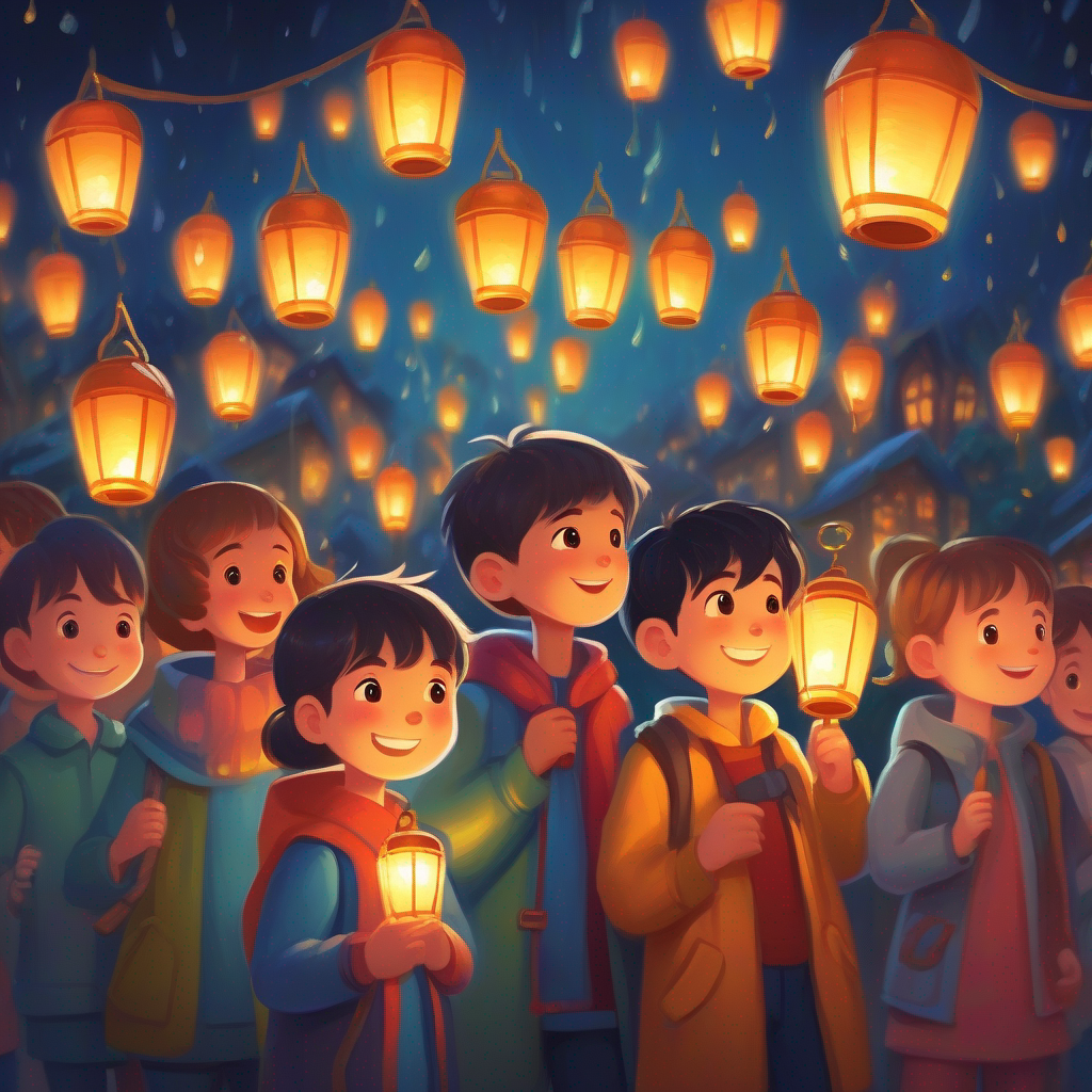 Children holding the lantern with tears of joy.
