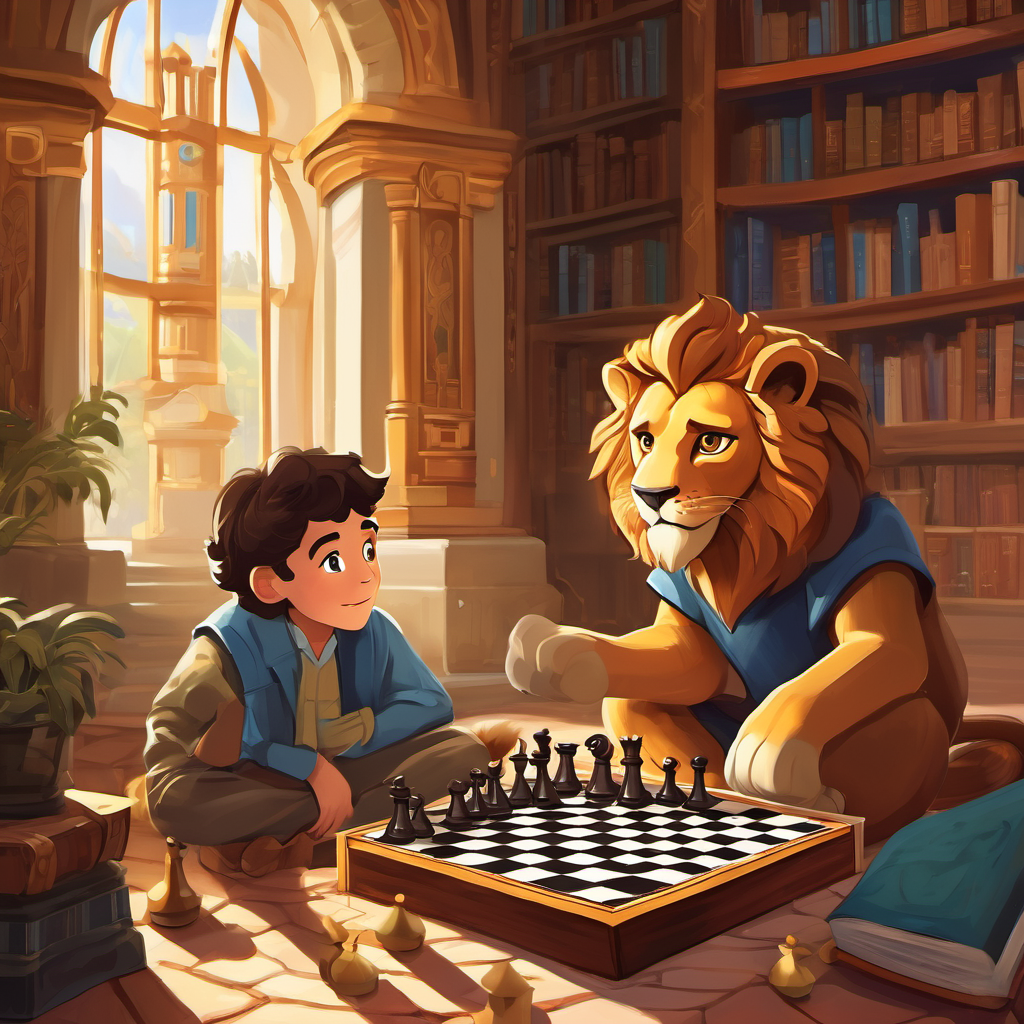 Intrigued, Charlie asked if he could join. The wise elder lion, Leo, smiled and said, "Certainly, Charlie! But be warned, chess requires patience and a keen mind. It's not at all like running swiftly across the plains." Accepting the challenge, Charlie sat down eagerly, ready to learn something new. The game began, and Charlie quickly realized that chess was far different from anything he had ever experienced. Each move required careful planning and thoughtful consideration.
