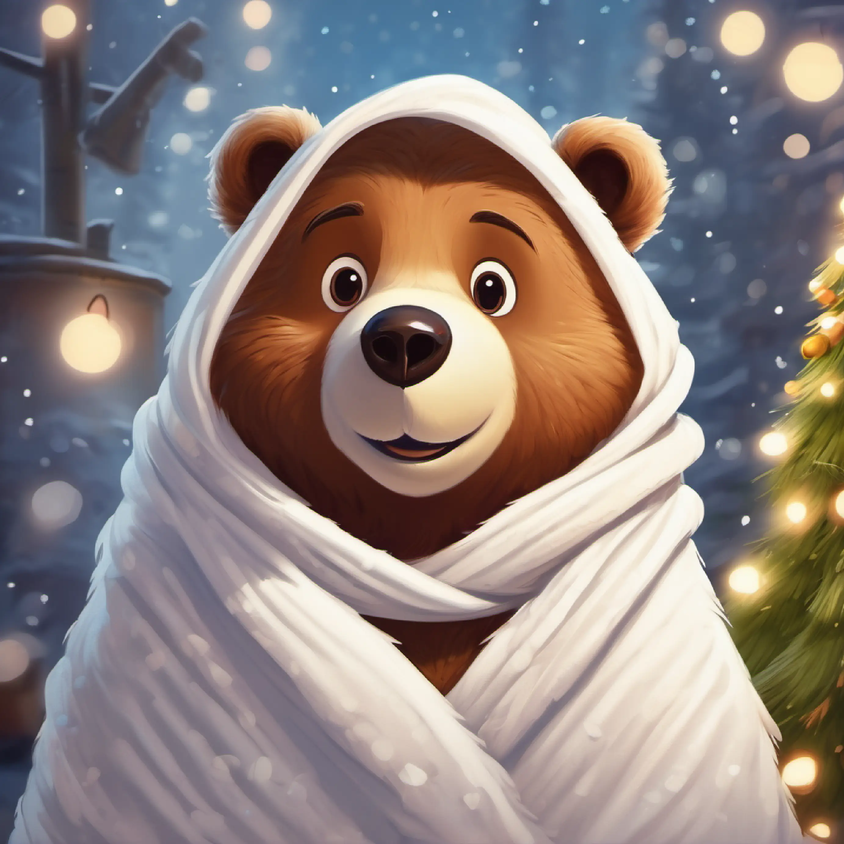 Snoody the bear wraped in white towel, feeling happy
