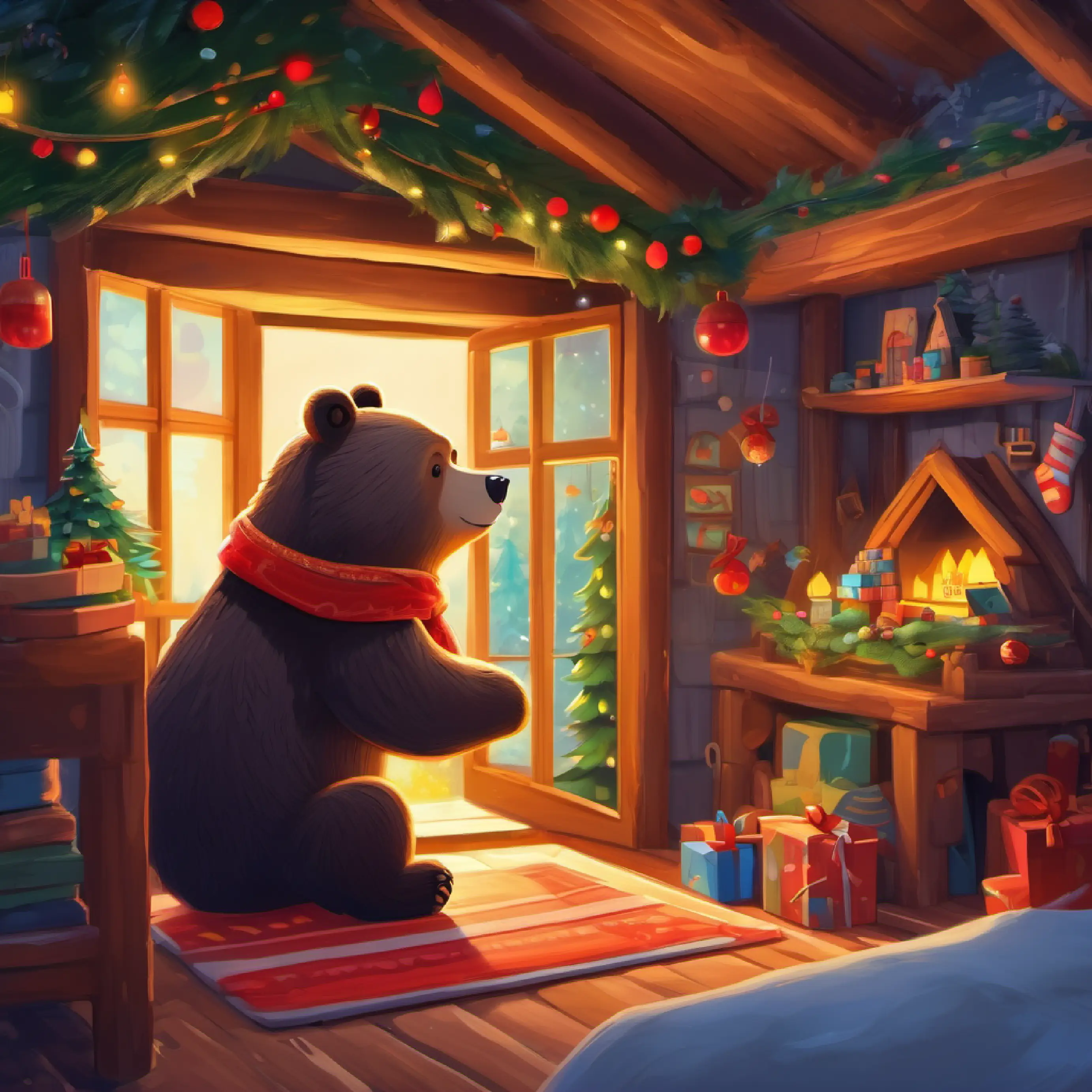 Snoody the bear wakes up in his forest house, feeling happy.