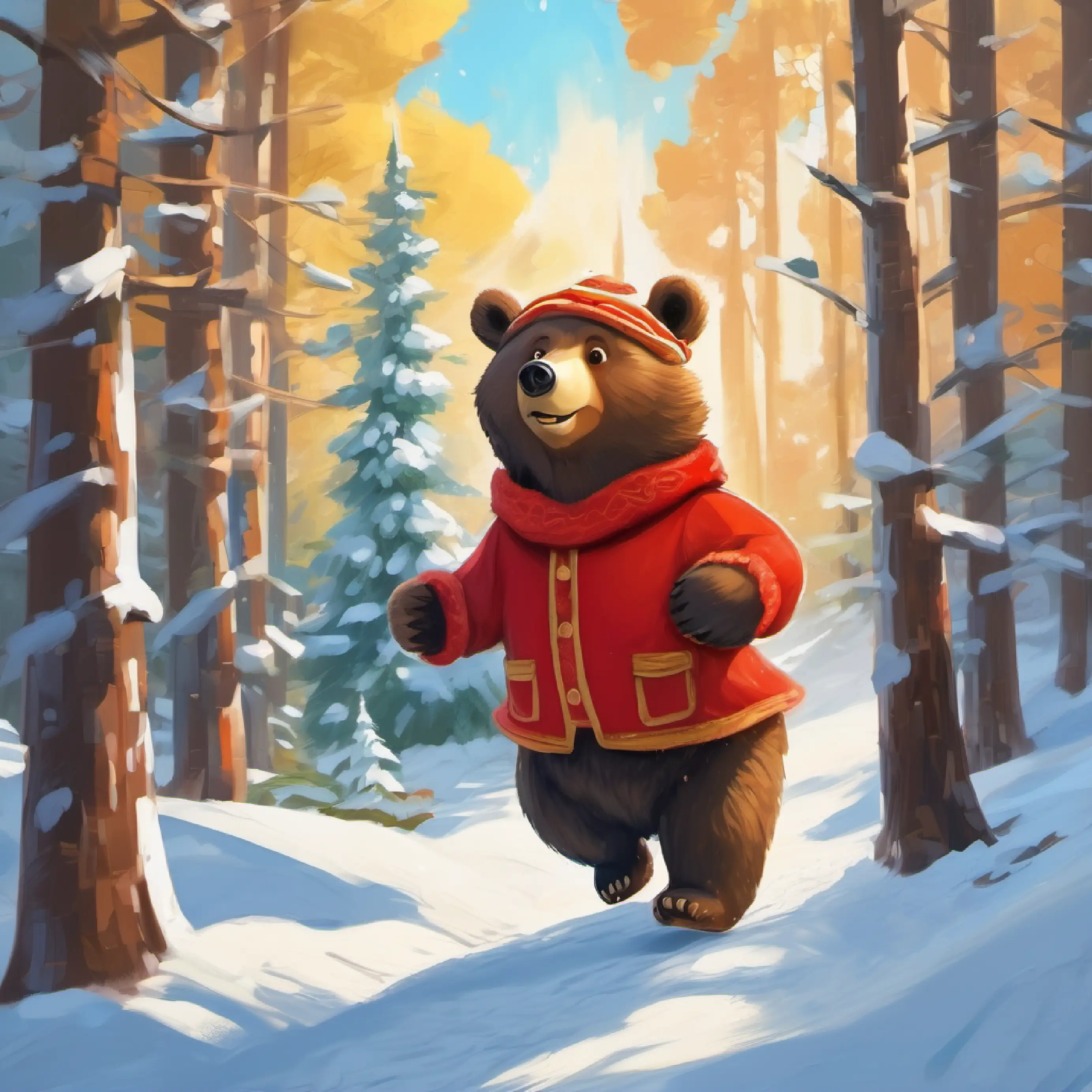 Snoody the bear is walking up in the forest ,sunnny day, feeling happy.