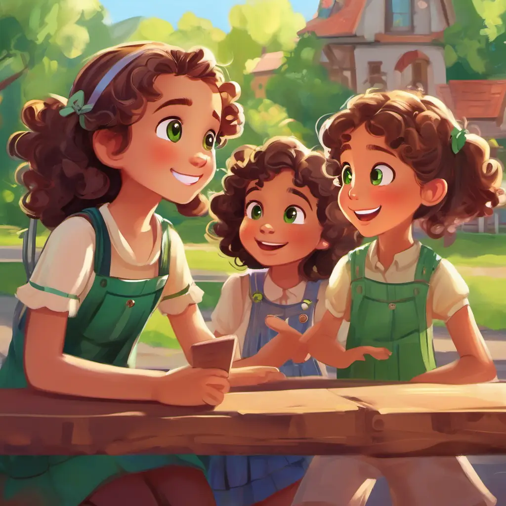 Introducing Little girl with curly brown hair, green eyes and her friends in the happy little town, talking about Little girl with curly brown hair, green eyes's behavior and the reactions of her friends. Setting: playground, characters: Little girl with curly brown hair, green eyes and her friends