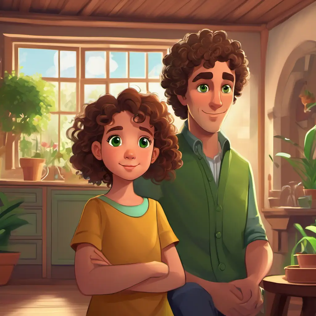 Little girl with curly brown hair, green eyes's parents talk to her about being gentle and kind. Setting: Little girl with curly brown hair, green eyes's house, characters: Little girl with curly brown hair, green eyes and her parents