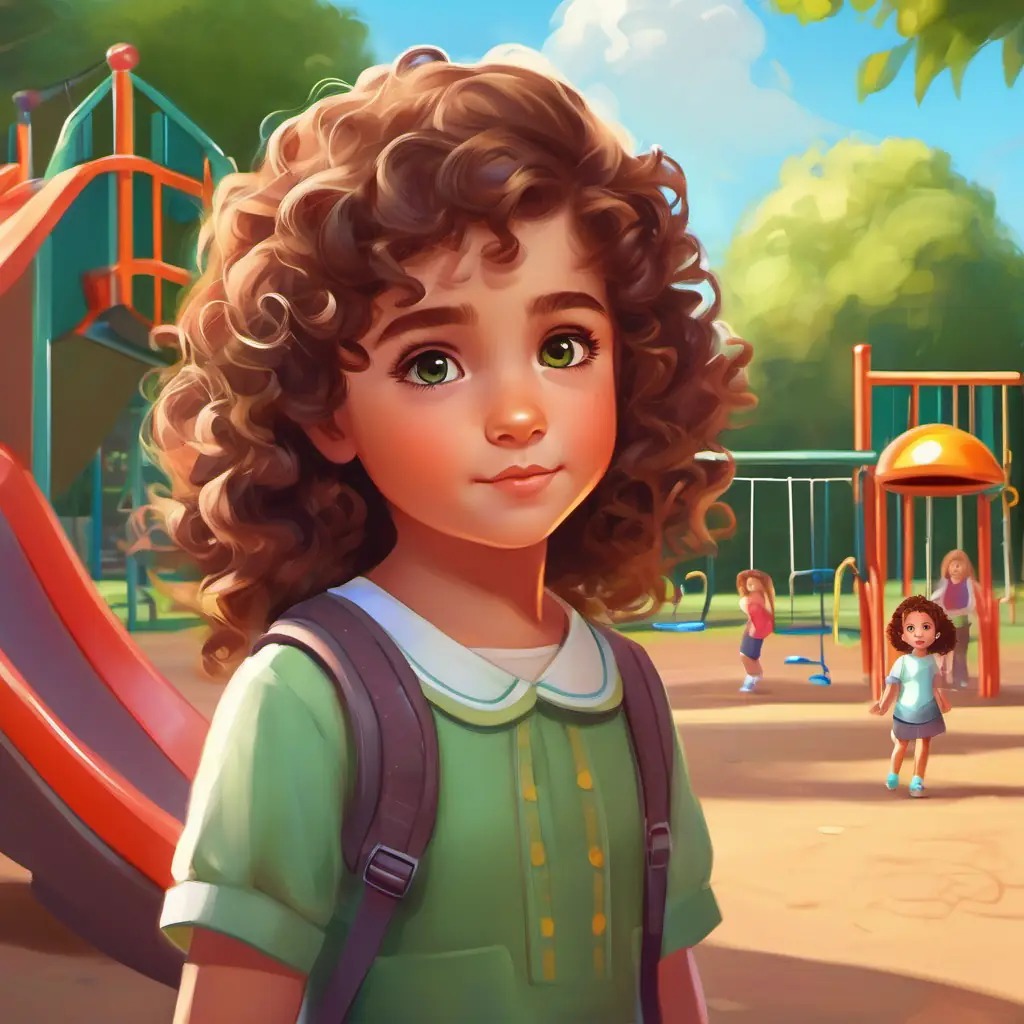 Little girl with curly brown hair, green eyes apologizes to her friends and promises to play nicely. Setting: playground, characters: Little girl with curly brown hair, green eyes and her friends