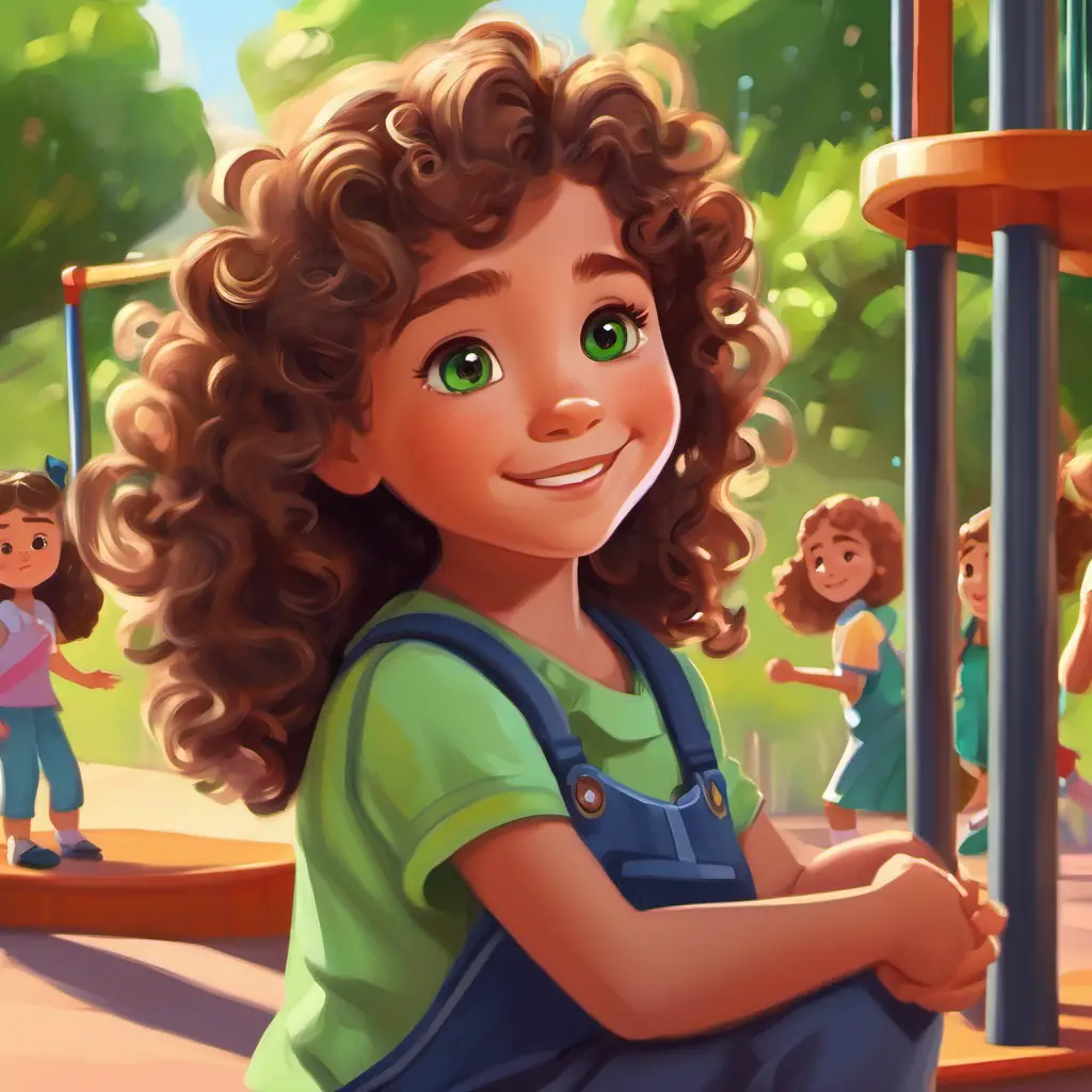 Little girl with curly brown hair, green eyes learns to be kind and share with her friends. Setting: playground, characters: Little girl with curly brown hair, green eyes and her friends