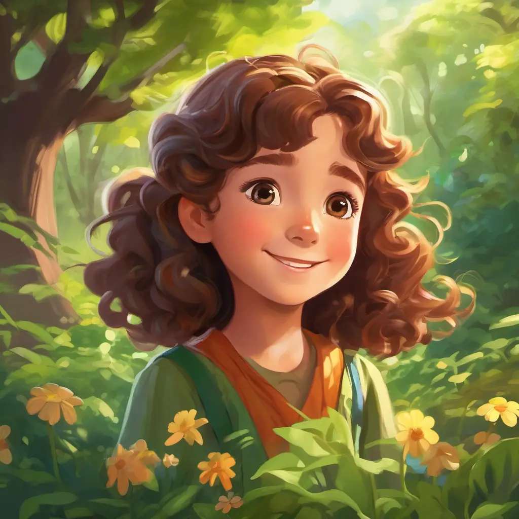 The story wraps up happily. Setting: conclusion, characters: Little girl with curly brown hair, green eyes and her friends