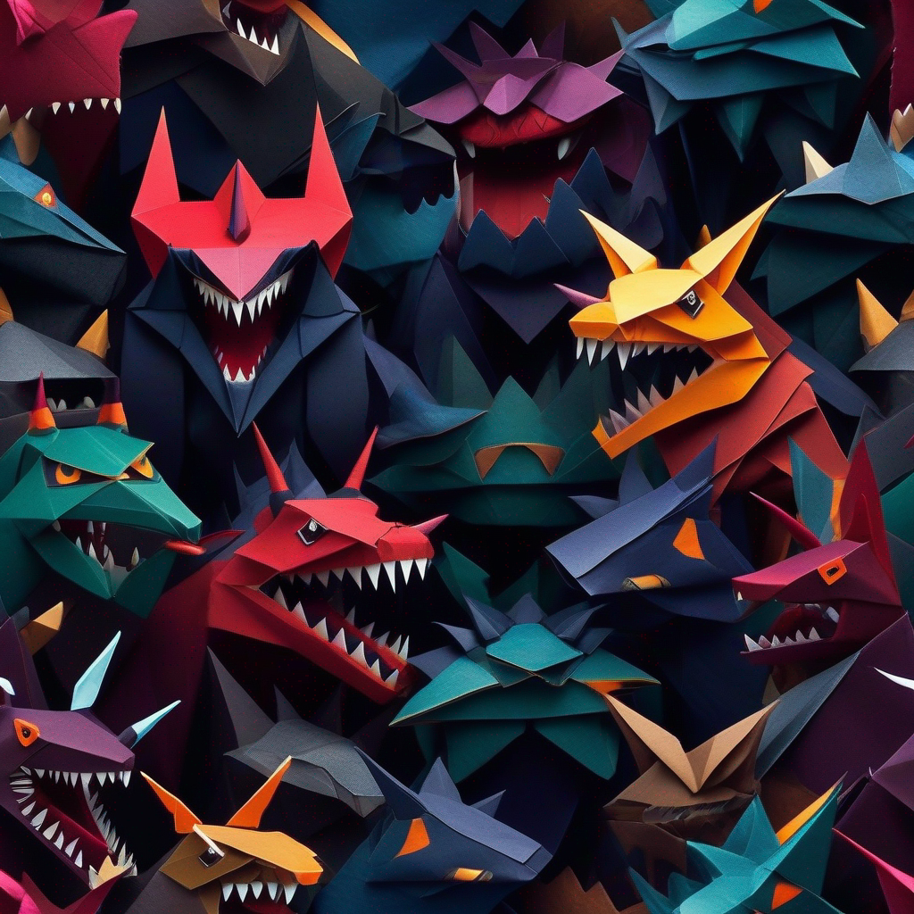 dark colors, fierce-looking monsters with sharp teeth