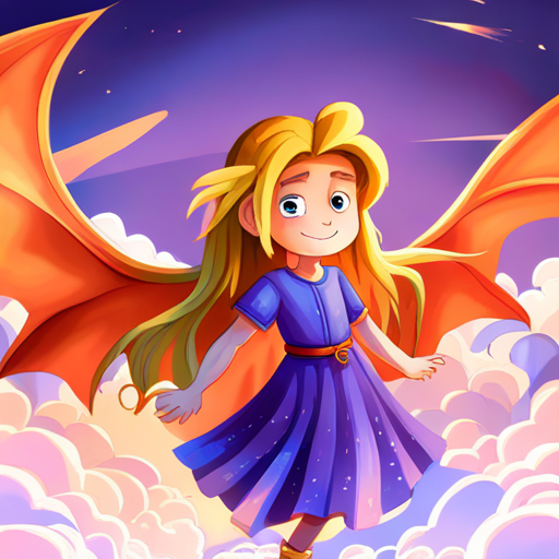 little girl with flowing golden hair and a purple dress and Small dragon with shimmering scales and sparkling wings embark on an epic journey