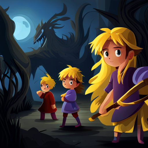 little girl with flowing golden hair and a purple dress and her companions battle the Shadow Demons