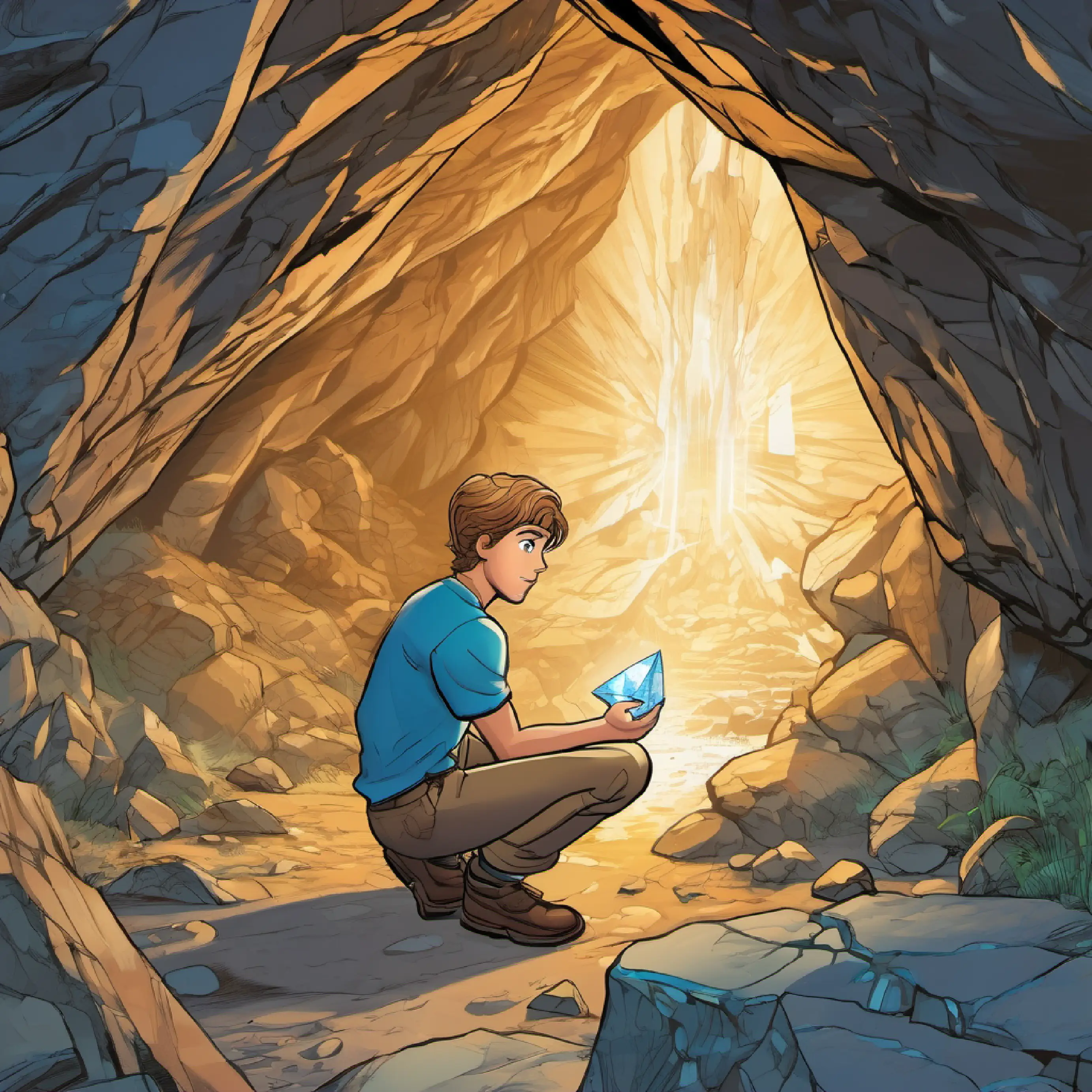 16-year-old boy, athletic build, blue eyes, light brown hair discovers a mysterious crystal in a cave.