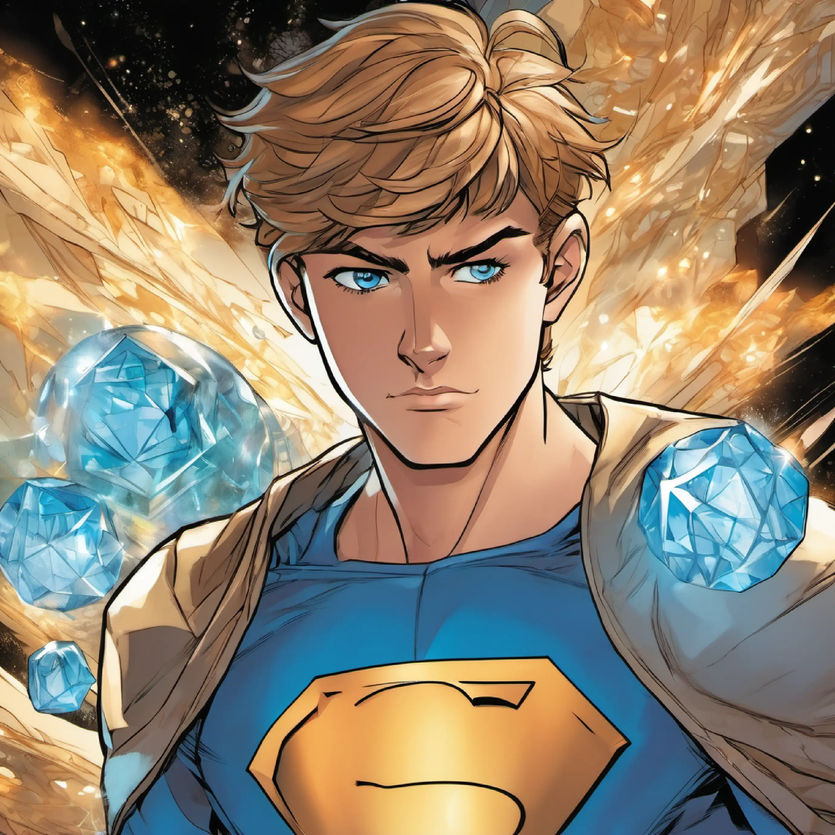 16-year-old boy, athletic build, blue eyes, light brown hair bonds with the crystal, gains heightened senses, and a purpose.
